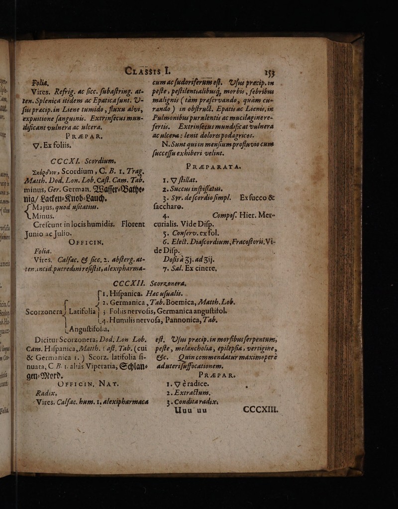wt fem d Hi [. $ I folia, Vires. Refrig. ac fice. fabaflring. at- Pen. Splenica itidem ac Epatica funt. 'O- fie pracip. im. Liene tumido , fluxu alvi, expuitione [anguinis.. Extvinfecus mus- dificant uulnera ac ulcera, PRUEPAR, V. Ex foliis, CCCXI.Scordium. zudpdioy » Scordium , C. JB. 1. 7yag. Mattb. Dod. Lon. Lob, Cafl. Cam. Tab. minus, Ger. German. Q'Ga(feard5atbt nia/ 2acfen«Seob.gaud. Majus, quod nitatis. Minus. Crefcunc inlocishumidis. Florent Junio ac Julio. OFFICIN, Folia. Vires. Calfac. €3 fice, 3. abflerg. at- ten ancid.patredwirefiflit, alexipharma- ai 53 cum ac fudoviferum efl. Ofus pracip.in pfe» peffilentialibuid, morbzs , febribus malignis ( tàm prafirvando, quàm cu» rando ) in obfirutl. Epatis ac Lients, in Pulmonibus purnléntis ac mucilagineve- fertis. — Extrinfectus mundificat vulnera ac ulcepa : lenit dolorespodagricos. N.Sunt quiin men[ium proflmvio cum fucce[fa exhiberi velint. PRAEPARATA. I. V flillar. 2. Succus infhiflatui. 3« Syr. de fcordto fimpl. facchare. Exfucco &amp; 4. Compof. Hier. Met- cutialis. Vide Difp. $. Con[erv. exftol. 6. Elect. Diafcordium ,Fracoflorii, Vi- de Difp. Dofis à 5j. ad Sij. 7. S4l. Ex cinere, r 4 IA nguftifolia, Dicitur Scorzonera; Dod; Lon: Lob. Cam. Hifpanica, Mattb. (aff, Tab. (cui &amp; Germanica 1.) Scorz. latifolia fi- nuata, C Z2. t. alàs Vipetaria; &amp;elane gem Serb. E OrrriciN, NA r. Radix, Vires. Calfac. bum. 1, alexipharmaca eft, fus pracip.in morfibusferpentsm, peffe , melancholia , epilepfía , vertigine , €jc. . Quin cemmendatur maximopere ad uterifnffocationem. PRAEPAR. 1. V éradice. | 2. Extratlum. 3. Condita radix, Uuu uu CCCXIII. |