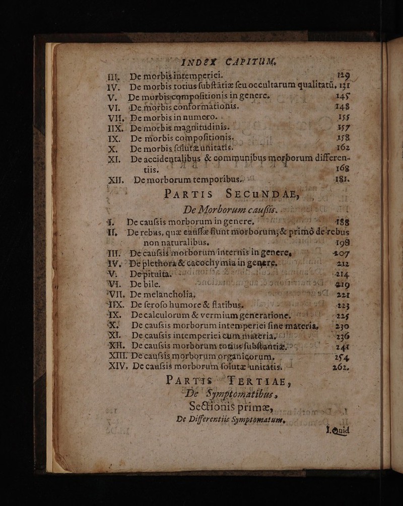 [IE De morbis intemperie. zy IV. De morbis totiusfubftatiz feu occultarum qualitatü, 1I V.' Demorbiscompafitionis in genere, 14$ VI. :Defnorbisconformationis. 148 VII, De morbisin numero. Ijj IX. Demorbis magnitüdinis. 57 IX. De morbis compofitionis. | Hi. X. ]Demorbisfdlutzuümitatis. ^ — ^ 162 XI. De accidegtalibus &amp; communibus morborum differen- | tiis. j 16g XH. Demorborumtemporibus s. . 181. PARTIS SECuNDAE; De Morborum caufits. 4. Decaufsis morborum in genere, | cda iáà 1l Derebus,quz caüffe fiunt ráorborüràg&amp; prirhà de'rebus non naturalibus, ] 198 IH. Decaufsii morborüminternis in genere, 407 De plethora &amp; M in | ener | 232 Depituita. 44: | va HAE De bile. 2UCIIEIHESGIDUR 2 209253901 S19 De melancholía; jenem CT os», . Deferofo humore &amp; flatibus. | | E S223 Decalculorum &amp; vermiumgeneratione, ^5 ^ -225 De caufsis morborum intemperiei fine materia, 230 De caufsis intemperici ctim materia/ 1 ^^. 7236 Decaufsis morborum totis fubiligátig: Um VI . Décaufsis morborum orgatigorum, | 45:25 4. AIV, Decaufsis morborum folutz'unitátis. .— 2062, PARTIS TERTIAE, De Sympltomntibus , SeGtonis primz, De Differentiis Symptomatunt,