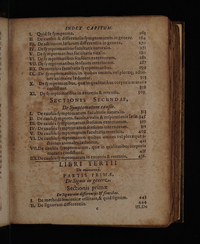 . Quidfitfymptoma. jr 163 H. Decaufsis&amp; differentiisfymptomatumingenere. 264 Il. Deactionum lzfarum differentiis in genere. 270 IV. Defymptomatibus facultatis naturalis. 271 V. Defíymptomatibus facultatis vitalis. 180 VI. De fymptomatibus fenfüum externorum, 282 VII. De fy mptomatibus fenfuum interiorum. 287 IIX. De motricis facultatis fymptomatibus. 299 IX. De fymptomatibus, in quibus omnes, vel plerzeq; actio- nés animales lzduntur. , 2c3 X. Defymptomatibus, quz in qualitatibus corporis mutatis confiftunt. 208 XI, Defymptomatibusin excretis &amp; retentis, 209. SECTIONIS SECUND AE, De Symptomatum caufa. [. Decaufsis fyjmptomatum facultatis naturalis. 213 IL. Décaufs.(ymptom. facult,vitalis &amp; refpirationis Izfz. 345 YII. Decaufsis (ymptomatum (enfuum externorum. 350 IV. Decaufsis fymptomatum fenfüum internorum. 371 V. Decaufsis (y mptomatum facultatis motricis. 493 VI. De caufsis fyrnptomatum quibus omnes vel plerzque a- | &amp;tiones animales lzduntur, A2I VILDe caufsis fymptomatum, quz in qualitatibus corporis mutatis confiftunt, 435 IIX.De caufsis fy mptomatam in excretis &amp; retentis, 438- LI&amp;KRI-IERTLL. De ezueiu T PARTIS PRIM, De Signis in genere» SeQionis prim: De Signorum differentijs 6&amp;&amp; fontibus. L Demethodifemioticz utilitate, &amp; quid fignum. JI. De fignorum differentiis. c