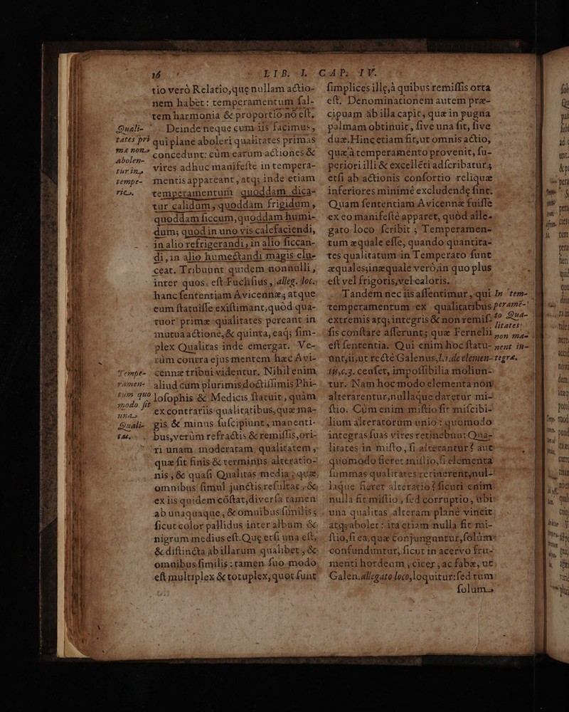 /——— ——— -————— LIB.-.I tio veró Relatio,que nullam actio- nem habet: temperamentum fal- tem harmonia &amp; proportio nó clt, Suali- .. Deindeneque cum is facimus, t4tts p^? Qui plane aboleri qualitates primas e6»nomn» M a d S MX ret concedunt: cüm earum actiones &amp; sri, vites adhuc manifefte in tempera- zempe- 3nentisappareant , atq; inde etiam ric. temperamentum quoddam dica- tur calidam, quoddam frigidum, quoddam ficcum, quoddam humi- dum; quod in uno vis calefaciendi, in alio refrigerandi, in alio ficcan- di,in alio humectandi magis clu- eat. Tribuunt quidem. nonnalli, inter quos. eft-Fuchfis , alleg. doc. hancfententiam Ávicennz; atque cum ftatuiile exiftimant;quod qua- tuor'primz qualitates pereant in inutuna actione,&amp; quinta, ead; fim- »lex Qualitas inde emergat. Ve- rüm contra ejus mentem hac Áv1- Tempe- cennztribui videntur. Nihil enim ramen ' aliud cum plurimisdoctitfimis Phi- mod». lofophis &amp; Medicis flatuir, quàm 1, €xconttariis qualitatibus,que ma- Sali. gis &amp; minus (fufcipiunt , maneati- £4. . bus,verüm refractis &amp; remiffis,ori- ^gyjunam 1inoderatam qualitatem , qua fit finis &amp; xerminns alteratio- omnibus fimul junctis refultat ,.&amp; ex iis quidemcóftat;divería tamen abunaqüaque, &amp; omnibusfimiliss ficut color pallidus iater album &amp; nigram medius eft.Oue etfi una eft; &amp; diftin&amp;a abillarum qualibet; &amp; omnibus fimilis:tamen fuo, modo eft multiplex &amp; totuplex, quot funt C ADI. fimplices ille,à quibus remiffis orta eft. Denominationem autem pra- cipuam 4b illa capit, que in pugna palmam obtinuit, five una fit, five duz.Hincetiam fit,ut omnis actio, quaàtemperaménto provenit, fu- periori illi &amp; excelléti adícribatur; etfi ab actionis confortio rcliqua inferiores minimé excludende fint. Quam fententiam Avicenna fuiffe ex eo manifefté apparet, quód alle. gato loco fcribit ; Temperamen- tum zquale effe, quando quantita- tes qualitatum-in Temperato funt zquales;inzquale veró;in quo plus eft vel frigoris, velcaloris. Tandem nec iis affentimur ,.qui I» tem- temperamentum eX qualitatibus 2*747*- | extremis atq; inregris &amp; nonremif- 7^ M fis conftare afferunt; que Fernelii ^ E eft fententia. Qui enim hoc flatu- zzz: in-. | ant,ii,ut recte Galenus.de elemen- tegra. | 5.3. cea fet, impoffibilia moliun- tur. Nam hoc modo elementa noi alterarentur,nullaQue daretur mi- ftio. Cüm enim miftiofir mifcibi- lium alteratorum unio : quomodo integras fuas vires retinebuntQna- litates in mifto, fi alcecantur?* aut quomodo fieret iniílio,fi elementa Íummas qualitates rerinerentjnul- laque; fieret alceratiotficuri enim nulla fit miftio , fed corruptio, ubi una qualitas alteram plané vincit atgsaboler: ira ctiam nulla fit mi- ftio,fi ea, qua Conjunguntur,folüme confunduntur, ficut in acervo fra- uenti hordeam , cicer ,ac fabe, ut Galen.allegato loco,loquitur:féd rum Íolum