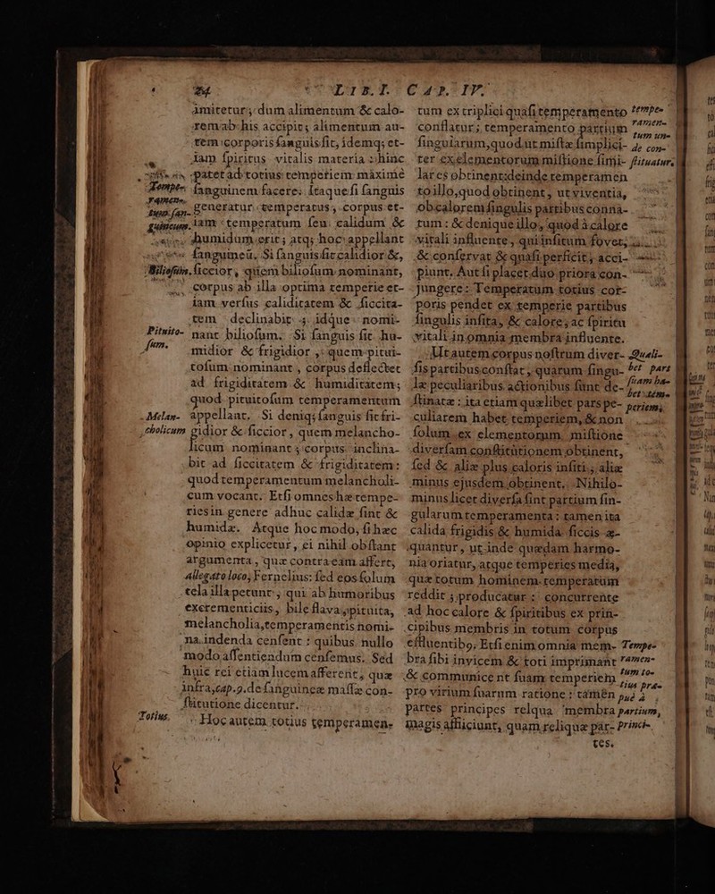— —— A M— Áo - - amütetur5: dum alimentum &amp; calo- xemab:his accipit; alimentum au- tem corporis fanguis fic; idemq; et- i Aam fpiritus. vitalis matería : hinc , of» 4s -patetad totius cempetiem: máxime Aempes fanguinem facere; [taquefi (anguis Tete generatur temperatus ,.corpus.et- pec 'temperatum feu: calidum &amp; s*6. dSumidum.eric; atq; hoc: appellant sud ta fanguineü, Si fanguis/fic calidior &amp;, ; Wiliofuin.ficcior | quem biliofum. nominant, 7s corpus ab illa optima temperie et- iam verfus caliditatem &amp; 4ficcita- tem - declinabir: 4. idque nomi- Pitsit- nant biliofum. :Si fanguis fit. .hu- fem. C addior &amp; frigidior ,: quem-pitui- tofum: nominant , corpus deflectec ad frigiditatem .&amp; : humiditatem; uod. pituitofum temperamentum Melag-. appellant. |Si deniq; fanguis ficfri- ,thelicum gidior &amp;-.ficcior , quem melancho- and nominant 5 corpits inclina- bit ad ficcitatem .&amp; frigiditatem: quodtemperamentum melancholi- cum vocant. Etfi omneshz tempe- riesin genere adhuc calidze fint &amp; humidz. Atque hoc modo, fi hec Opinio explicetur, ei nihil obíftanr argumenta , quz contraeam affert, Allegato loco; Fernelius: fed eosfolum tela illapetunc, qui ab humoribus €xerementiciis, bile flava spituita, melancholia,temperamentis nomi- ,na.indenda cenfent : quibus. nullo modo affentiendum cenfemus. Sed huic rei etiam lucem afferent; quz infra;cap.2.de anguinez maíz con- füitutione dicentur.  Hocautem totius temperamene YAWIOH- fum une conflatur ; rnfec Hr LR implici- de con- finguiarum,quod.ut mifta lares obrinent:deinde remperamen toillo,quod obtinent, ut viventia, Obcalprem4ingulis patribus conna- tum: &amp; deniqueillo, quod à calore vitali influente , quiinfitum fovet; &amp;.confervat &amp; quafi perficit) acci- piunt. Aut fi placer.düo priora con- jungere: Temperatum totius cor- poris pendet ex temperie partibus fingulis infita, &amp; calore; ac fpiritu vitali in omnia membra influente. Altautem corpus noftrum diver- .2««5- VN z gf b le peculiaribus actionibus fünt de- WAR riu ftinata : ita etiam qualibet pars pe- periems culiarem habet temperiem, &amp;non .. folum.ex elementorum, miftione diverfam conftitütionem obtinent, fed &amp; alix plus caloris infiti.; alie minus ejusdem obtinent, -Nihilo- minus licet diverfa fint partium fin- gularum temperamenta : tamen ita calida frigidis &amp; humida. ficcis a- -quantur, ut inde quedam harmo- nia oriatur, atque temperies media, qu&amp; totum hominem. cemperaruim reddit s;preducatur :: concurrente eflluentibg, Etfi enim omnia meme Tempe- bra fibi invicem &amp; toti impriinanr 4men- ; tum to- Sn : LN 4 tius bra. partes: principes relqua. 'membra partium, inagis afficiunt, quam rcliqua pár- princi. tes. l