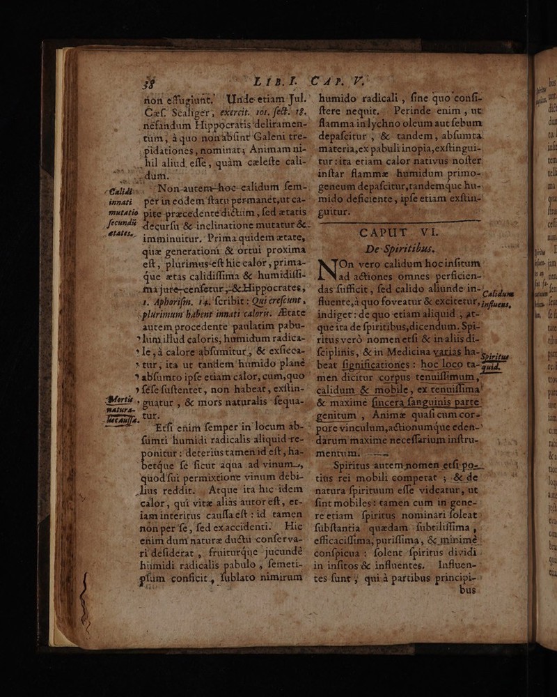 (— - M mu EE tM —9À— 9 — —- p e — FUMER, ETE €— e T mER E AT EC pee - EE m üon efuginat, Undeetiam Jul. Czf. Scaliger, exercit. 101. fet..18. . nefandum Hippocratis deliramen- tüm, àquo nonàbíünt Galeni tre- .pidationes,nominat; Animam ni- . hil aliud, effe , quàm -czlefte cali- . « dum. inmati périneodem ftatu permanet,ut ca- mutatio pite precedenredicum; fed ztatis «att. . 1 : , : imminuitur,' Prima quidem etate, quz generationi X ortui proxima eft, plurimus:eft hiccalór , prima- que atas calidiffima &amp; humidiffi- .fÍmà jute-cenfetur ,-ScHippocrates, 1, Aphorifm. $4. (cribit: Qui crefcunt , «plurimum babent innati calor. cate autem procedente paulatim pabu- *lumillud caloris; humidum radica- *1le,à calore abfümitur ; &amp; exfiéca- *tür;ita ut tantem humido plane * abfumto ipfe etiam cálor, cum,quo . »féfe füftentet, non habeat, exítin- a:Mertis, guatur , &amp; mors naturalis : fequa- P9aiura- €AWRIIA. tur; fümti liumidi radicalis aliquid re- onitur : detertasctamenjid eft, ha- Ea fé ficuc aqua .ad vinum, quodfui permixtione vinum debi- ius reddit. Atque ita hic: idem calor, qui vitz aliis autor eft, et- iam interitus cauffacít : id tamen noónpéríe,fedexaccidenü. Huc enim dum nature ductu conferva- ri defiderat ,. ftuiturque -jucunde humidi radicalis pabulo , femeti- fíum conficit, fublato nimirum humido: radicali , fine quo confi- ftere nequit,'| Perinde enim , ut flamma inlychno oleum aut febum depafcitur , '&amp;« tandem , abíumta materia,ex pabuli inopia, exftingui- tur:ita etiam calor nativus nofter inftar flamme humidum primo- geneum depafcitur,randemque hu- mido deficiente , ipfe etiam exftin- guitur. — CATITL-- VI. On vero calidum hocinfitum ad actiones omnes perficien- indiget: de quo etiam aliquid ; at- que ita de fpiritibus, dicendum. Spi- ritusveró nomenetíi &amp; inaliis di- fciplinis , &amp; in Medicina variás ha- ; men dicitur corpus tenuiffimum, calidum. &amp; mobile , ex cenuiffima! &amp; maximé fincera fanguinis parte' genitum , Ánimz quafi cum cor» pore vinculum,actionumque eden-^ mentum; —-—. Spiritus autem momen etfr.po- - tius rei mobili competat ; .&amp; de natura fpirituum effe videatur, ut fint mobiles: tamen cum in. gene- reetiam fpiritus nominari Oleat fübftantia quadam :fubtilifima , efficaciffuma; puriffima, &amp; minimé confpicua : folent fpiritus dividi in infitos:&amp; influentes, Influen- tes funt; qui.à partibus principi- bus