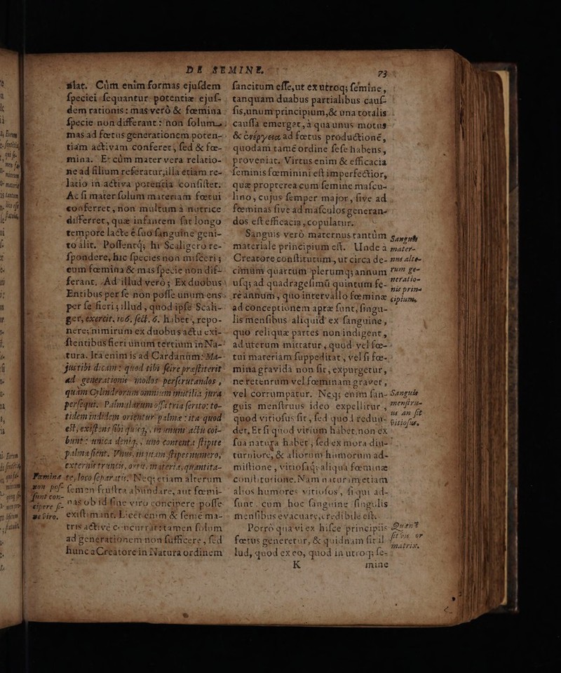 y Ding 1 fatiüig E (nh. nty IL Tint ) fter Forms Fk eipere fi- silat. Cüm enim formas ejufdem fpeciei fequantur potentie. ejuf- dem rationis: mas veró &amp; foemina mas ad foetus generationem poten- tiam activim conferet fed &amp; fa- mina. E*cüm mater vera relatio- xe dd filium referatar;illa etiam re- latio in.activa potentia confitet. Ac fi mater folum maceriam foscui conferrec;non multum à nutrice differret, quz infancem fac longo tempore lacte éfuó fanguine geni- toàlit, Poffencq; hi Scaligero te- Ípoadere, hic fpecies noa miféeri; um femiaa &amp; mas fpecie non dif- ferant. /Ad illud veró ; Ex duobus p*t fefieri sillud , qnod ipfe Scali- gets exerüt. t6. fedt. 6. habec repo- nére;nimirum ex duobusaétu cxi- ftendibüsfieri ánuni tercium inNa- tura. Iràenim is ad Cardanüm: Ma- justibà dicam quod tibi füre pra[literit «id - geierationis inollos perfirutandos , quam Cvlindrortim omnium matilia jura perfequi- Palmalarum of'itvia ferito: to- tidem indilem oritutur- palme : ita quod e exiens flbi qusay Primum: adiu coi- bunt: tica denia, , tn contenta [lipite palma fient. Vins iu quom flipesuumero, exter trincs, ovr tmateriaqtumtita- te, loco (charatis? Neq: eriam alterum femen früftea a iedare;aut feemi- nás ob id fine viro concipere poffe exiftimaüc E:eccénim &amp; femé ma- tri$ activé ceocarratttamen folum ad generationem non füfficere , fcd huncaCreátorein Natura ordinem ?3 fancitum effe,ut ex utroq; féminc, tanquam daabus partialibus cauf- fis.unum principium,&amp; una tocaális cauffa emergor,à quaunus motas &amp; Crépryeio, ad foetus productione, quodam tamé ordine fefe habens, proveniat, Virtusenim &amp; efficacia feminis feminini eft imperfectior, qua propterea cum femine mafcu- lino, cujus femper major , five ad feeminas five ad mafculos generans dos eftefficacia, copulatur. Sanguis veró maternusrantüm materiale principium eft... Unde à Creatore coníliturum., ut circa de- cimüm quarcam plerumqyannum ufq; ad quadragefimü quintum fe- reannum, qao intetvallo feminae ad conceptionem aptz funt, fiagu- lismenfibus aliquid ex fanguine, quo reliqua partes nonindigent, ad uterum mittatur, quod. vel fo-- tai maceriam fuppeditat, vel fi fae- mina gravida non fic, expurgetur, netetenrdm vel feminam gravet , vel corrumpatur. Neq; enim fan- guis menftruus ideo expellitur , quod vitiofus fit, fed quo redun- der, Et f1 quod virium hàbet;non ex Sangue mater- nus alte- Qum ge- neratio- nit Drinea IpITHS Sanguis menfiri- us an fit Cis. Pitiofare cürniorc, &amp; aliorum humorum ad- miltione , vinofaq; aliqu faeminae conitratione. Nam nacarimetiam alos humores vitiofos', fiqui ad- : : func. cum hoc fanguine fingulis - E e 11 A menfibus evacuate,credibile efl Porró qua vi ex hifce principiis í -] foetüs genetetut, &amp; q ndnam fica lud, quod ex eo, quod in utro; fe- iniue -- RA —E — dme. TE Lxx