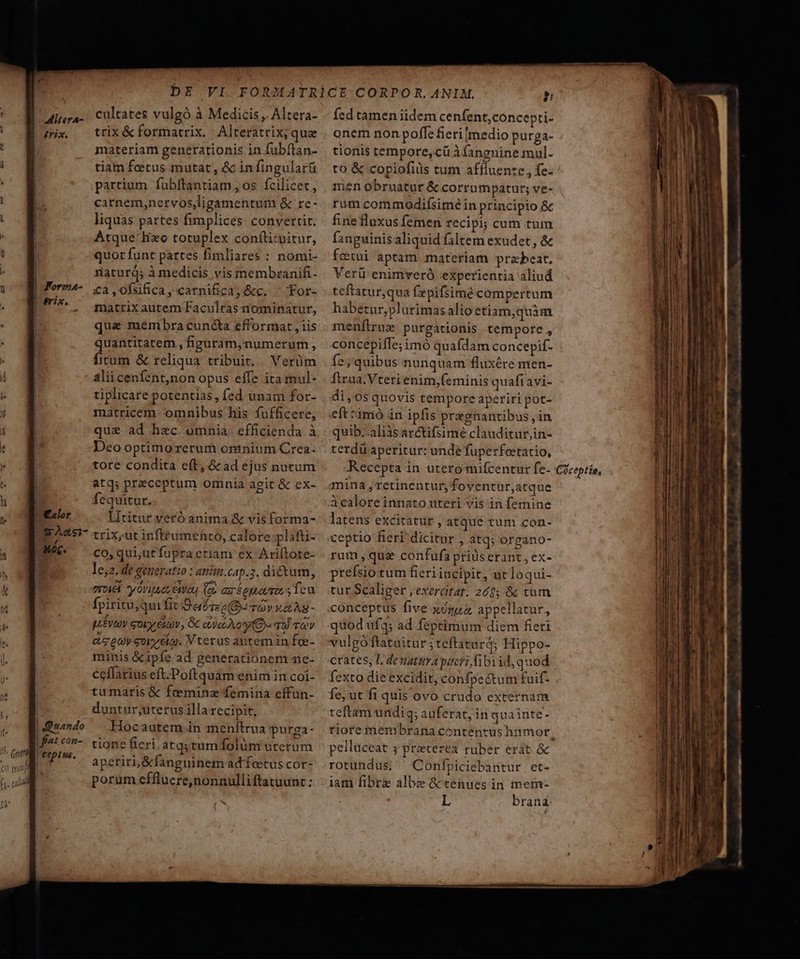 imrix. | nando | f^ con- cultates vulgó à Medicis , Altera- trix &amp;formatrix. Alteratrix; quz materiam generationis in fub(tan- tiam fecus mutat , &amp; in fingularti partium fübftantiam js fcilicet, carnem,nervos,ligamentum &amp; rc- liquas partes fimplices convertit. Atque! liec totuplex conftitnitur, quor funt partes fimliares : nomi- xaturd; à medicis, vis membranifi- £a ,ofsfica, carnifica,&amp;c. ^ Tor- matrix autem Facultas nominatur, que membra cuncta efformat , iis quantitatem , fipuram,numerum, fitum &amp; reliqua tribuit. Verüm alii cenfent,non opus effe ita mul- tiplicare potentias, fed unam for- matricem omnibus his fufficere, que ad hec omnia. efficienda à Deo optimorerum omnium Crea: tore condita eft, &amp;ad ejus nutum atq; preceptum omnia agit &amp; ex- fequitur. Lititur veró anima &amp; vis forma- trix,ut inftrumehto, calore-plaft- co, qui;utfupra ctiam ex Ariftote- le;2. de generatio : anim.cap.3. dictum, oie y óvituer eas (go az Seuavro s Tea fpiritu; quifitiButaza( Ds rv xzAa- M Évtoy Got, Civ, Gc aoc Ao TU Ty cis guy coria. V terus autemin foe- minis &amp;ipíe ad generationem ne- ceífarius eft.Poftquam enim in coi- tumaris &amp; feeminz femina effun- duntur;uterus illa recipit, Hocautem in menítrua purga- tione fieri, atq; tum folüm utetum aperiri,&amp;fanguinem ad feetus cor- porüm efflucre,nonnulliftataunt : E: Hf onem non poffe fieri [medio purga- tionis tempore,cü à fanguine mul- to &amp; copiofiüls tum affluente, fe- men obruatur &amp; corrumpatur; ve- rum commodifsimé in principio &amp; fine fluxus femen recipi; cum tum fanguinis aliquid faltem exudet , &amp; fctui aptam materiam prabeat, Verü enimveró experientia aliud teftatur,qua fepifsimé compertum habetur, plurimas alio etiam,quàm menftruz purgationis tempore , concepiffe; imó quafdam concepif- fe; quibus nunquam fluxére men- ftrua;.Vteti enim,feminis quafiavi- di,os quovis tempore aperiri pot- eft *imó in ipfis pregnantibus, in quib..aliàs arctifsime clauditur;in- terdü aperitur: unde fuperfetatio, Kecepta in utero mifcentur fe- ceptio fieri dicitur , atq; organo- rum,quaz confufa priuserant, ex- prefsio tum fieri incipit, ut loqui- tur Scaliger ,exerütar. 262; &amp; tum conceptus five xónpa, appellatur, quod ufq; ad feptimum diem fieri crates, I. denatura pieri ibiid,quod fexto die excidit, confpe&amp;tum fuif- fe, ut fi quis'ovo crudo externam teftam undig; auferat, in quainte- (Coceptie, pellüceat j'przetezea ruber erát &amp; rotundus. Confpiciebantur ct- iam fibre albe &amp; tenues in metm- L brana