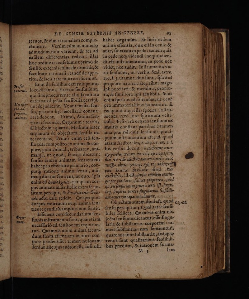 «t Sevfus externi. Nece[fa- ria Ad ft fum. doiinia.. 6rza- num. DE ternos, &amp; vim rationalem comple- cuntur, » Verüm cüóm in numero admodum non várient ,&amp; res ad caídem differentias. fedear; illas hoc ordine rccenfebimus:primo de fenfib. externis; hinc de internis, &amp; facultate rationali ; tandé de appe- titu, &amp; facultate motrice dicemus. Et ur de fzafibusexternis primo. loco dicamus, Externi fenfus funt, qui finepracurrente alia facultate exterpx obje&amp;a fenfibilia percipi- unt&amp; judicant. Vcautem fiat fen- fio;quazuor hec neceffarió concur- reredebent. Primó, Anima fen- ticnstfecundó, Organum: tertió; Objectum : quattó, Medium inter organum &amp; objectum fenfile in- tcrveniens, Primó. cmim etfi fen- fiototi compofito ex anima &amp; cór- pore, puta animali, tribuatur , ani- mald;, ut quod, fentire dicatur: fenfio tamen animam fentientem habet pro effectore primario , cor- maq; dicitur fentiens, ut quo. Ipfa. enim eft GyrAEy eio , per quam cor- pus animatum Íenfibile extra fe po- fitum petcipit, &amp; QUoduLe aac xov actu tale reddit. Quapropter Corpus mortuum neq; anima fen- tiente pradicü,amplius non fentit, Efficiens veró fecundarium fen- fionis inftrumenta funt, quz etiam neceffarió ad fenfionem reqvirun- tur. Quamvis enim anima fecun- dum füam cífentiam in toto cor-. pore prafens fit : tamen nufquam Íenius alicujus du&amp;tor cft: nifi ubi habet: organum... Et licét eadem anime eflentia, quz eftin oculo &amp; aüre, fit etiam in pede: tamen quia in pede neq; videndi ;neq; andien- di cft initrumentum ; in. pede nee videt; nec audit, Inftrumerita ve- ró fenfüüm , ut. Verbis. Scal. exerc. 297. Í. 2. itamur, duo fant , fpiritus propiore natura, atqjaífini magis ipfi poteflati : &amp; membra, propio- 13; &amp; fimiliora ipfi fenfibili. Sunt enimfípiritusadeó tenues; ut pene pro immaterialibus habeantur. li recipiunt impreffas fpecies. Inftru- menta. veró funt fpirituum. wehi- cula; Etfiverà organa fcnfuum ex multis.conitant partibus : tamen una pre reliquis. ferftonis: praci- puni inftrumentum elit; id quod etiam Ariftoteles, 2. 4e part.satn. c. 1. his verbis docuit : 4 eov goi; cuo- £y-ylué]oy rcov € vis OJL CIO pL pÉ GT, Jic. «à-uly adc drguv ortas eve Tw (9» eiyaj y&amp;ac x4) TO aicom edo] av, id eft fenfus amnibus contti- git per familares , flicet propterea, quod qu yi fenfus uius generis certi eft s fingu- led, fenforie partes fingulortm feafibili- tm generum capaces babentur.. fcnfu percipitur: Onalitatcs Íenft- biles fcilicet: Quamvis enim. ob- jecta fenfuum dicantur efle fingu- laria &amp;fubftantiz. corporea : ca- men fubítantiz:: nos fennntur , quatenus funt fubftantiey Ícd;quas tenus funt qualitatibus fenfibili- bus przdite, &amp; rationcm forma- M 3 lera - - -