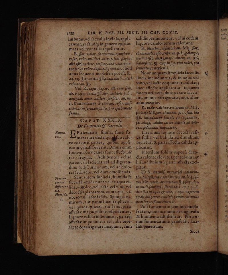 imbutas,vel facculisinclafa,appli- cantur, re&amp;tiuíq; in genere cpiche- mata vel frontalia appellantur. R.. flor. violar. cbamemeli,nympbee ; ro(ar, vubr.sneliloti am.p. 7. fem. papav. Albi zifi nucleor. per[rcor 310.1, exvipian- tur ferico rubroduplia.F frontale, quod aqua fequenti madefieri potett, R., Aq. rof. Sj auethi $8, cbam cumcli , aceti ro[acei att. 5. Vel R. capit. papav. albi eum fem. 7o, 3 fem.auetbi 0. flor. smeliloti p.f , amyedal; amar. nucleor. perficor. an. uo. ij. Contundantur C eum aq. re[ar. mu[- ceAntur in formam pultu,pro epitbemate frontis. CaAPUuT XXXIX. De Fouentis € Saeculzs. L7 Pithematis fimilia fun&amp; fo- menta,ita e us calo- re corporis páttes, quiDus appli- cantyr,quafi foveant, Omnia enim fomentafere calida funt effectu, &amp; rir frigida. ; Adhibentur vcl ad partes calefaci&amp;das,vel.ad digeren-. dum-&amp; difcuriendum, vel ad dolo- res fedandos, vel dura emollienda. calidis permutentur , velia eodem liquore calidoiterum calefiunt. R. mentbe , abfintbit an. Mij , flor. chamameli;rofar.rubr.an. p. 1j ,galange, pti cis amofib. an. 5j mac, cinam, an. t5, balaflior. 3j. Coq.in f.q. vini rubri, pro fomento ventriculi. Nonnunquam fim plicia facculis lineis includuntur, &amp; in aqua vel vino,vellactecoquuntur, calida; loco affecto applicantur: in quem finem utile eft, duos pàrare faccu- los, ut uno fefrigerato ; mox altet admoveatür. /| R. malve,altbee,violarum au. Mij , feabiofe MB. flor, chamem. p. ij; fein. Itti £5. Iucludantur facculo C coquantur , faccillufo, calidus lateri dolenti ad dolo- rem fedandum. ivapouattr. Interdum liquore decactivefi- ca fuilla vel bubula.ad dimidium repletur, &amp; parti affecta calida ap- plicatur, | Interdum folum vaporà dcco- to caleute elevatus;pertubum aut ixfundibulum à parte affecta cxci- pitut. Ut R.. artemt[. mercim ial ocalaunm- Si fr gula | Qarpall MH fomen- Suntautem duplicia humida &amp; — the,palegityrute,rori Jmatini an, Mj, fal- torem — ficca. Humida Sunt vel ex aquacá- vie Mf ;cortic. aramaorun $1) Jior. p differen-Jda,velioleo,vella&amp;e,velvino,vel — ememelt [antbuei , fboechados au. p. 3. .F. juo decocts plantarum, cümaqua, vi- decotizo in aqua cy vie, Cuius Yaporeim ^ ^ no,aceto, lacte factis, Spongia ni- 2 vafoduisenter comdu[o famina in wen- ' mirum,aut panni linei triplicati jCfeun fuppreffiong exeipuct. vel qaadruplicau , aut lana , parti Pott fomentationem hoc modo affectz magnigadinerefpódentes , ^ faCtam,non incommodé ungdeüta liquore calido imbuuntur, parti; &amp;linimenta adhibentur. Porise- affe&amp;z impoduntur,atq; abi tepe- /. nim fomentatione patefactis faci- fcete &amp; rcbrigetari incipiunt, Cum. — lids penetrant, | Sicca