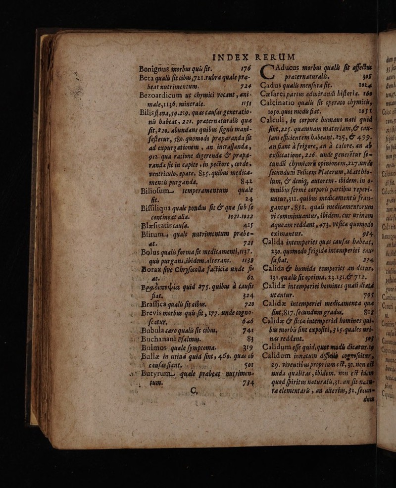 Benignus tiorbus qui; fit. 176 Beta qualis (it cibus,7.1.1ubra quale pre- beat nutrimentum. 724 Bezoardicum at cbymici yocant , ani - maleyi136. minerale. ft Bilis f[ava,59.219, quas (au[as generatio- nis babeat y 221. preternaturalis que fít.2 20. abundans quibus [ignis mani- fefletur, go. quomodo praparanda fit ad expurgationem , an. incra[Janda , gui qua rarionc digerenda C prapa- vanda fit in capite » in pectore , cordes ventriculo epate, 825. quibus medica- mentis purgatnda, 841 Biliofum. zemperamentum — quale (t. 24. Piffiliqua quale pondus [it &amp; que fu^ (e centineat alia. 1021.1022 Blzficatis caufa. Alf Blitum., quale. nutrimentum. prabe- at, 721 quis purgans ibidem,alterans..— 138 ABorax (ive Chryfacolla facticia unde. fi« ate e s 62, Peoria, quid 275. quibu à caufis fiat. 324. Braífica qualis fit eibu, 720 Brevis morbus quis fit , 177. unde coguo- -fcatur, Hn $46 Bubula caro qualis fit cibus, 741 8j -Bulmos quale fymptoma. 319 Bulle in urizd quid [int 460. quas ob | caufa fatty e Sor 3^ Butyrum» quale prabgat - autrimen- (un. XU 20 1 C, praternaturali, 305. Cadus qualis menfura fit. Calcinatio qualis fit operato chymici 1050.quot mudis fiat. jt Calculi, jy corpore bumano nati. quid, fint,225. quamnam materiam,C ceu? Jam effientém babeant, 325, € 499. «n fiant à [rigore, an à. calore, an ab exfiicatione, 226. unde generetur fe (undi chymicork opinionem,227 unda fecundum Felicegn Platerum, Matt bio ^ lum, C? denig, autaretm ibidem. in a2 tmnibus ferme corporis partipus veperi- ? suitur3. quibus medicamentis fran gantur , 851. quali medicamentorum vi comiminuantur, ibidem. cur urinam queam reddant , 473. Véfica quomodo eximanttir. 954] Calida intemperies quas caufas babeat, 230. quotuado frigide intemperiei caue fa fat, it^ | 224] Calida (* bumida temperieg an detur, 11.444ld fit optima 23.1310 712. 1 Calidz intempetiei bomines quali diatds utantur. 79$. fint, 817, fecundum gradu. Calida cr (fce intemperid bomines quis. n4t reddant. j03' Calidum eff quid, quot modi dicatur M) Calidum isnatum difidl coene[citurg) 29. viventilus proprium c3], 3o. non elo iuda qualitas , ibidem. uon c9 ident qued fpiritus naturalia, st. am fit nato te elementari » an alterius 22. fecum | diua 4m D fu m dn) ftn? nutu Cir di 13 a friid | am gum t nh Clint dfi, Cilorist puit nmt ali f Cir Kus m hi fe sli aun rif puit quii Cimbi Caci | ti Cunicits T Cmm js Cori [2T hmi Wl I i Cipors :