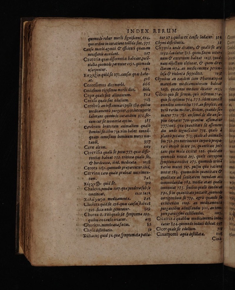 INDEX quemado robur morbi frgnificent, 604^ quo ordine in uatisne tolléda fint, 97$ Cau[e morbi agenti C efficienti quanam necc[Jarió accedant. 227 Caureria quas dijJerentias babeantspot£- tialia quomodo parentur 419 1, quomodo ufarpentur. ug kaxs£ia quid fit 271. «au[as quas babe- 4t. 216 Centefimus diesmorbi; — 666 Centefimus vigefinus thorbi die, ibid Cepa quale (int. alimentum, 712 Cerafa quale fimt edulium. 718 Cerebrü aninfl ammari poffit 389. quibus snedicamentis purgetuv 930.intemperie laborans quatedo curandum 972. fic- eum car fit unenori Aptiut. 38$ Cerebyum. brutorum: animalium qualis Bomini fit cibus 739.vitn babet. nonni- quam come[ium bomigum mores mu- tandt, 397 Cerz oleum. m Cerevifia qualis (it potus 757.quas diffe rentis babeat 758. triticea qualis fits e bordeatea, ibid, medicata. 1098 Cerota 1/81. quomodo prepareniur. bid, Cervina caro quale prabeat, nutrinien- ío oru. 74 Xéex» O» quid fit. 302 Chalcus,pondus 1017-4tte pendera (ub [e contineat, 1021.1622, XoAa oye, tneditamenta, $4 Choleta quid fit 226.quas caufas babeat. (0322. fica unde generetur. 329 :Chorea 8. Viti qualefit fymptoma 299. o quibusex cauhs oriatur. 423 Ghortion.membrana f etur, 82 Chyli diffributio. jo Xen quid 50.que [ymptomata patia- RERUM b tur 27 y.quilui ex caufis ledatur. 3288 Cbymi diffributio. Dno Chymia ande dicatur C qualis fit avg 1032. laudatur 815. quem finem intets num (C externum babeat 1033, uod nam objectum obtineat, &amp; quem dite Corem 103 4, an 1edicawienta pericus lofa c violenta fuppeditet. 1038. Chymicus an eatdein cum Pharmatopad) materiam. medicamentorum. babeat 1038. quatenus tieditus dicatur. 1035q Cibus quis [jt firmus qui infirmus 714 quis fit optimus 714.77 y idem non eta omnibus commodus 7 76.4n fimplex; att verà varius tielior, ibidem, quando n tatur 779: 781. an fanel.de dien [e-] pits capiatur 730c quantus. affamatut 777::008. Qua quantitate [it affumene| dus unde cogno[catur 778. qualis 4b planté petatur 715; qualis ab animalis? jus 732. pro nutrimento corporis prepacs rari indpit inore 5o, quantitate pete (ans qu&amp; mala excitet 202. qualitate quomodo moceat 207. quale corruptus. fymptoma extitet 27 . quomodo urina. varius thutet. o7. pulfus qua vationes mutet 65. quomodo in quantitate qualitate ad. (anitatem tuendam ato commodandus 763, medie atati qualis conveniat 77 y. fenibus qualis conducat) 721. fiin quantitate peccarit quomodi corrigenduin [it 779. egris quando fi exbibendus 1009. an medicament purgantibus admifcendus 921. ante pore paroxyfini exibendus. 10098 tatur 834-quomodo induci debeat. 29] . Cicer quale fit. edulium. 7  Cinamormi «qtia deffilata, 18 | Cini Cini Cinarz Cinch Ditcipat imago t ira po Jaretur lucc yleres M (uma n, aput iet: Jur thlez thlear lllo n m ) le eu LI tut o fy (tof INT] LITT fn wj 777 tri rp Optr, li D li f Atistí TT ilm