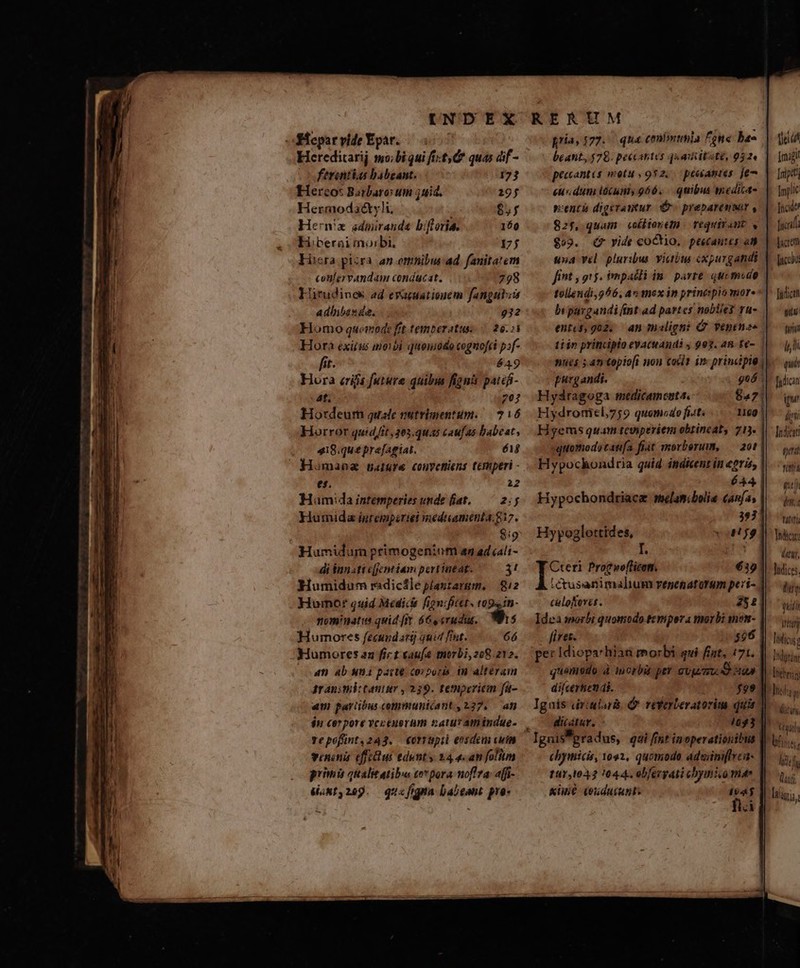 difepar vide Epar. — Hereditarij mobi qui frt; quas of - ferentkas babeant. 173 Herco: Barbaro um quid. 19j Hermodaé&amp;ty!li, $5; Hern'x sdpirand bifforia. 160 H:berai morbi, 17 licra pizra an ottitibus ad. fanitatem coulervandam conducat. 798 Hitudines 2d evacuatiogem fangutis Adbiben da. 932 Homo quomode fit temperatus 5 20.21 Hora exiius nobi quomodo cognofii p»f- fit. 649 Hura erifs future quibus fignis patéfi- 4f. 297 Hordeum qude nutrimentum. 16 kHorror quid t, 203.4445 caufas babeat, 418.qu&amp; prefagiat. é1$ amana pature conyctiens temperi - es. 22 MHamida intemperies unde fiat..—— 2:5 Yumida igrempiriei meduamenta.gi7. 8:9 Humidum primogeniom aq ad íali- di imnati c(jentiam pertineat. 4t SHumidum radicfleplastargm, | 812 Humo: quid Medicis fignifittt. t094.in- nominatis quid [it 66s crudus. * $ Humores fecundargj quid fint. 6ó Humores an fir t cau morbi, 208 212. oam ab sna parte coporis in alteram draniwi: tatur , 239. tethpericm fa- «m paribus communicant, 227, — an gepofint.243. €ortupii eosdem cuia venina effetus edunt y 24 «an folm primi qualitatiba co*pora noffza- 4fji- prias 177. qua conta lone. bas beant. $78. peccantes quamitste, 932« peccantes motu» 952, péskantes. Je cudum dcum, 966, — quibus medica una vel. pluribus vicit cxpurgandi tollerdi,966. au mex in printspio mor. bi paygandifnt ad partes nobliey ra- ti in principio eVactuandi , 993. AR E€-. | purgandi. Hydragoga medicamenta. $27! Hydromtl,759 quomodo fist 1109 | Hygems quam tewperiem obrineat, 713. quomodo catifa. fiat morborum, — 20! Hypochondria quid indicent in epris, 644. Hypochondriace smelanibolia eanfas 357 yg Cxeri. Prot woflicoti, 6i) ictussanimalium venenaturum peri- culoloves. 252 Idea mnorbi quomodo temper a morbi mon- fivet. $96 pec Idioparhian morbi qui fint, 171. quomodo à inorbid pev Svp. mu. O an dilcertien di. Igais «riui &amp; vevferberatorim quis dicatkr., 1033 chyimicis, 1092, quomodo adeiniflrca- 147,1042 7044. obferyati chymico me &amp;iuie (oudacunt: ioa Dei [mafi! [nip Inpitc acide fcf Jae Bcoht fidci yis fani AL quit fudican i f Indicat qmi fitt qu) pm. Tide (t4, Indices. LET qudi iniu liic Jndytim Inebrsg LT i un. lf lid; fi Vj
