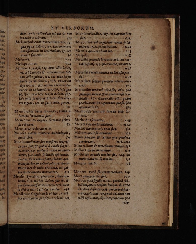 hij y hia dui. Huy, Vni, Itj ftn, Iud Mie Mii Td ir TAM gun in ( T LT lh ritfri idis dni 1  Mitte m ni T TL T jah fa lio y TUR IL] i ilis int dem. cuv in 2utbucdam faltem (&amp; non in onibus dclivent. 7 303 Melaacholicum temperamemtn, 25. qua figna habeat, yg exirementum non effunditur in Yentriculum, S y. non excitet fauiem, Me!ones. Melopepones. Memoria quidfit, 109. duos attus babat, t0. à Pbantafia Cr. variwcinatione fede ten d/[hngairur y 12. Cur tenacior fit pueré quam ys /85, nunquam deprayatur , 387. quibu 4 rebns lada- sur C. an ab buwiditaie 386. lafa que fit, 291. quas lefa caufas abeat, 585. bro vigeat, 385. in (pecie dicla, que ft, 11g Membranz, futu involucra ; primoin Jominà formattoue fiunt. 92 Mens, vide ratiocinatio. ; Menfíes parihy tcnipsra: determinant , qualis ffrit. $4 Meafcs mulierum five menflra a fuppref- [aque (int, &amp; quibu à caufis fuppri- IBABUIT, 242. quibus 2 tagÁs inimünt- AUtur,142.Wnde [Lillicdio afficiatitur, ibidem. uv de nimia fiant, ibidem. quo- $2do plet bor Am tollant 95 4. per vra'n- pas nares Q oculos eyatuata, 571. qui- bus taeditamentá moveantur. — $19 gionis, 687, critic Galeno quis fi: , € quad non nece[J vim iddden. perionicu ín diebus criticis e9l obfervandus. 636 Menftruts f'inguis af fic vitiofo, 71.i- pice ey act andus que ffouaprabean. 700 Menfüraéiedice, i. bin quatupl'ces fnt) ibid, ;Mercurios:yel avgiilm vivumf«Lá- piátunar4S8. pracpttatkm. 4149 Metu!a qualtmi cibum det. 743 Mefpila, 9728 Metall quomodo laventur 1061.2 $1 — tari poffint 1033: quta ratione folvant*t, 4057 Metallica medicamenta ati fint ufarpan- dài t 1041 Merallic&amp; fodine quomodo atem alte- Trent. f* 2!t Methodus medendi quid fit, 867, qua principia babeat, 866: quomodo fit tre dendà , B6 1. Galeno alia: el y; quam practicorum;86 2. generalis qua fun ,862 qiamrilis fit. JN IDT ^T. Mecthodüs-faniratis orm t fa- nitas; «^ Miliuni quale ft edaliumy 00 $2 Ccntiteant, o0 1s 101$..1022 Mineralium c metallorum venena. 251 Miftura medicamentorum, 00933 lollities quando orbus fit 344; 0n tonformationis [ig morbus; - 450 Móvipoi erbi, 17176 Montes yarià fiti a£rem variant. 709 Mora quomodo efui (int, 729 Morbus quid fignificet 122. quodna (ub« jedum,quam caufam habeut, ib, retà 4 Galeno definitur 023.90 modo dcfini- attr,exyplicatut 27. 40d 4 Galene non t6 definiutur objicit Argenterim qua t (fu^ n M TU RR ——M—— Ba