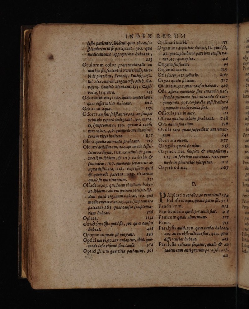 : 823 Oculorum color preternataralis an moybus fit.feutentid Forlivienfis;Vaco» bi dé partibus y Ferneli y Futbfij 152. Jul. Alexandrini, Avgenterjs Mich. Ga- vafc:ij, Comitis Montani, 155 :. Capt- yaccaly Vj 4:Vera» 155 Odoratmenta; vzz; quám materiams : quas differentias habeat. ibid. Odorat&amp; aque. 1175 Odores an [int [nbl antia vo3. an femper vehiculo yaporis iidigeant, 104. muta ti, [yiptomata 309. quibus à. caufis mutentur, 456:quougodo THCdiéAmen * torum vires indicent. $7 Olera qualia alimenta prabeant. — 719 Oleum deflillat «m,114.qeomodo deflil- letur ex liguis, ug, ex veliuis G gum- muatibus ibidem ,(z 119. ex berbis &amp; feminibus y 117. quomodo feparetut ab aqua de[lilata, v6, expreffem quid € quotnedo paretur , 13 gliyariin quale fit nutvimentum. 731 Olfactus,u;. quodnam cbe um labe - atibidem.tantum [Decem ptrépit,ii- « dem. quod- organum. babeat , Vou, qua anedio exerceatur o g.qua [jtmptouata patiatur 83. quas catift [ymptoma- tum babeat. 366 Opiata, 1132 Ozicd évw(O» quid fit , 200. qu a taufas babeat. 413 Opopanax quale [it putgans. 34 Opticineryi,g9.cur tiniantür, ibid; quo- 108o lef a vifionis fint caufa. 62 Ogtic fpirit ts qua vitia patiautur, 36! Qrdinauérbl -: vts Organum dupliciter diciiur, 1t, quid fit Af quotupliciburd partibus cop[litua- c£aty4$ quotuplexs 44 Organa fenfuutmne 93 Organici merbi. 129 Oris feter,437 «ollatio. co W67 Oryza qualis [it cibus. 717 Qícitatio3o2.quar Cat as babeat.- 417. Ofla. afpera. quomodo fint curanda; 986. - jungenda, 998. conjuv cla. pofl fraddiurá quamoda cou/erv4nda fint. 999 Offi cula tian aure. 1ot Oflrea qualem cibum prabeanto-.. 248 Ova qu.uilà fint cibus. 7ió Ovilla care quale fappeditet uut riman- fum.  741 Ovorum oeuf, 1177 Oxymel, 1199. fimplex e compofitum  1132, ani febribus conveniat, t101.qu0* tnodo in pleuritide ufurpetur.- M Oxyrrhodina, 487 P, A]pitatio cordis 2.80 ventriculi.3 24 E DPaluitrisaquaquala potus fit. 7 $4 Pandalenm. jf Pandiculatio quid, 2^3.unde fiat. «— 418 Panicum quale alimentum. 7217 Panis, 7$ Paralyfis quid, 29 9. quae caufas babeats 403.4ni €x ob[Iructione fiat, 4044 quas differentias babeat, 40$ tadeuium antiquorum pa:alyfts 427» an Partus (t9