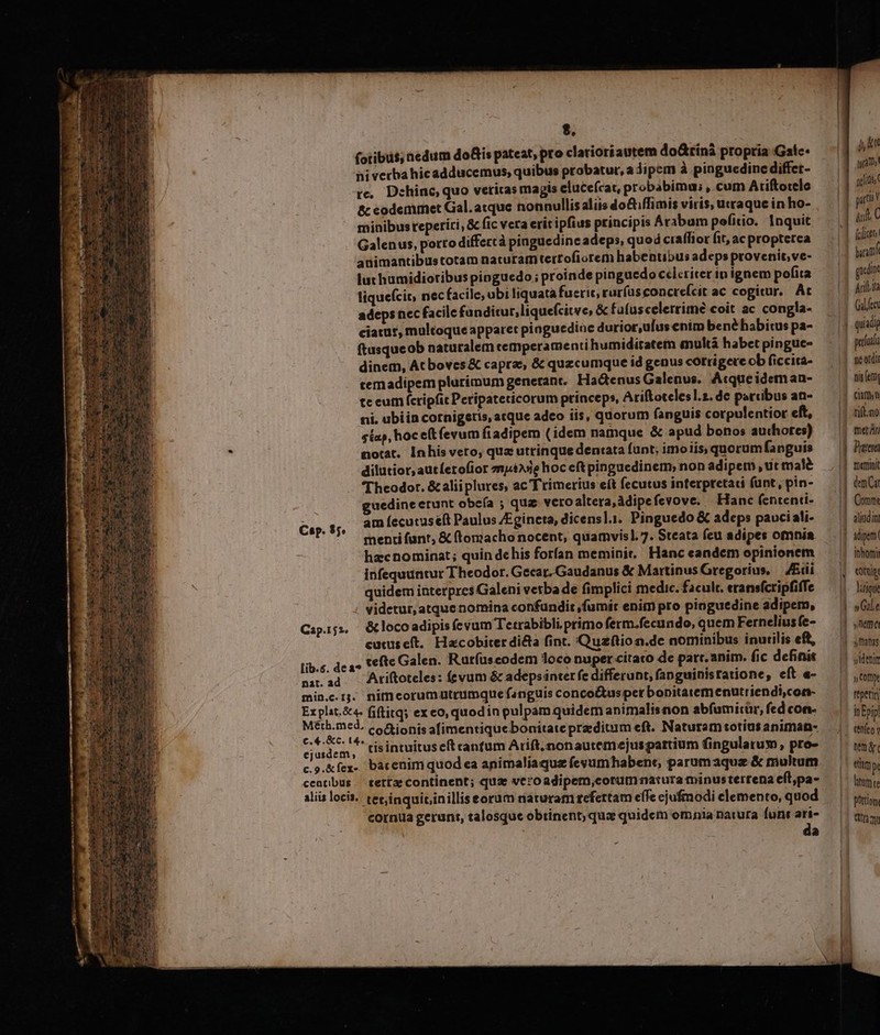 $. fotibus; nedum do&amp;is pateat, pro clarioriautem doGrinà propria Galc- niverba hic adducemus; quibus probatur, a Jipem à pinguedine differ- re, Dehinc; quo veritas magis eluceícat, probabimu; ,.cum Atiftotelc &amp; codemimet Gal.atque nonnullis aliis do&amp;iffimis viris, utraque in ho- minibus reperiri, &amp;c fic vera erit ipfius principis Arabum pe(itio. Inquit Galenus, portodiffertà pinguedine adeps, quod craffior fit, ac propterca animantibustotam naturamtertofiorem habentibus adeps provenit, ve- lut humidioribuspinguedo; proinde pinguedo cclcriter ip ignem pofita liquefcit, nec facile; ubi liquatà fueric, rurfus conctefcit ac cogitur. Àt adeps nec facile funditur,liquefcitve, &amp; fafuscelerrime coit ac congla- ciatur, multoque apparet pinguedine durior,ulus enim ben&amp; habitus pa- ftusqueob naturalem cemperamenti humidiratem multà habet pingue- dinem, At boves &amp; caprae, &amp; quzcumque id genus corrigere ob ficcita- cemadipem plurimum generant. Ha&amp;tenus Galenus. Aqqueideman- tc eum fcripfit Peripateticorum princeps, Ariftotelesl.z. de partibus an- ni. ubiin cornigetis, atque adco iis, quorum fanguis corpulentior eft, glas, hoce(tfevum fiadipem (idem namque &amp; apud bonos authores) notat. Inhis vero, qua utrinque dentata funt, imoiis, quorumfanguis dilutior, autÍerofior zmycAxe hoc eft pinguedinem, non adipem , uit male Theodor. &amp; alii plures, ac'Trimerius eft fecutus interpretati funt, pin- guedine erunt obeía ; quz vero altera, adipefevove. Hanc (entenii- am (ecutuseft Paulus /Egineta, dicens].1. Pinguedo &amp; adeps pauciali- menti funt, &amp; (tomacho nocent, quamvis. 7. Steata feu adipes omnia hacnominat; quin dehis forfan meminit. Hanc eandem opinionem infequuntur Theodor. Gecar. Gaudanus &amp; Martinus Gregorius. Ii quidem interpres Galeni verba de fimplici medic. facult, eransícripfiffe . videtur, atque nomina confundit ,fumit enim pro pinguedine adipem, Capi;:. Glocoadipisfevum Tetrabibli primo ferm.fecundo, quem Fernelius fe- cucuseft. Hacobiter dicta fint. Quzftion.de nominibus inurilis eft, lib.s, dea» tefte Galen. Rurfuscodem loco nuper citato de parc. anim. fic definit na.ad — Atiftoteles: (evum &amp; adepsinter fe differunt, fanguinisratione, eít «- min.c.13. nitneorumütrumque fanguis conco&amp;uspcet bonitatemenutriendi,con- Explst.&amp;. fiftitq; ex eo, quodin pulpam quidem animalisnon abfumitür, fed con. Méth.med. coGrionis afimentiquebonitatepradiurm eft. Naturam totius animan- €.4.XC.14. . A ; 4 Y 2r ejusdem, tisintuitus eft cantum Arift,nonautemejus partium fingulatum , pro- c.9.&amp;íex- bacenim quod ea animaliaquz fevumhabene, parumaquz &amp; multum ceatibus.. tert continent; quz vero adipem,corumnatura minusterrena eft;pa- iliis locis tecinquicinilliseorum naturam refertam effe ejufmodi elemento, quod cornua gerunt, talosque obtinent; qux quidem omnia natura funt ari- | da Cep. $5. j, Mr yat gets, | patisY 1d a | | (lies 4 m |] git ENUS Gare peus |] neordi (1 niger, | Cimon | tift.no |3 meta IE id merini aliudit E | inhoni cotuig: latiqu r »Gie j | pem e | ynatas | »denir » Cof tepetir] |! inEpipl BET di | eite htrmte |. püttion |; Um