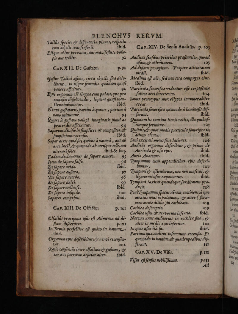 datlas fpecies e differentia plures; ve[petlu tum objetht tum fenforit. ibid. Eflque atlus privatus, aut manife[lus, volu- pz triiím. ! 92 Car. X II. De Guftatu. p.22 Guflus Tatlui affinis , circa objecta [na dele- éarur , in ti[gue fruendis. quadam quafi venere afficitur-.— 91 Ejus organum est lingua eum palatoqua pro come[hs diffoluendis , liquore quaft men- ruo imbuuntur. ibid. Nervi guflatorii, partim à quinto , partim à ono mittuntur. 93 Ouare à guflatu volupi imaginatio fimul ac pracordia afficiuntur. 94 Saporum divifio in fimplices &amp;j compofitos, c fimpliciem vecenfto. —— : ibid. Sapor acris quid (ity quibus a matumá , aut Ab arte inesl ci quomodo ab utrifeue toll aut alterari folet. ibid.&amp; feq. Eadem declarantur. de [apore amaro-.— 95 Itera de fapore falfo. Defapore acido. De fapore auflero. *De fapore acerba. De [apore dnici- De [apore untiuofo. De fapore infipido: Sapores compofts. CA». XIII. De Olfactu Olfatirs pracipuus ufus efl Alimenta ad di- flans. difcernere. p.io1 In Brutzs perfetlior efl quam 1n. bomme,. ibid. Organun ejns defcribuurs eo nervivecenfen- tA. 102 Ratio confensss intey olfatlusn cy guflum , c eir (10 peream acficiat alter. ibid. Auditus fenfibus prioribus praflantior,quoad ufupny c; atlivttatem. 103 Ad diflans peragitur. Propter atlivitatem medii. ibid. Medium efl aev, fed non tota compages emus. ibid. | Particula [onorifice videntur. effe corpnfcula falina aeri intertexta. Io04. Sens prototypus saox etlypos innumerabiles creat. y 6» Wbid. Particula fonorifice quomodo à luminofts dif- ferunt. ibid. Quoniam ba tantum lineis vetliz, illa quibuf- cungue feruntur. 10$ Quibus ci quot modis particula fonerifica 1n, atlum crentur. ibid. Soni excitati notus frve lationes. 106 Auditis: organum deferibtur y c primo de Auricula c ufi ejus, ibid. Auris Anatome. ibid. Tynmpanum cum appendicibus ejus. defcri- Tympani e ofsiculorums nec non mufculi, ej Iganienti ufus exponuntur. ibid. Tympani laxitas quandoque farditatem pro- HCtt. 168 PonéTympanum [pecus aerem continens,a qua meatus unus inpalatums cf atter ( fora- men ovale diclus )in cochleam. 109 Cocblea defcriptio. lo$ Cochlee ufus. c nervorum infertto. ibid. Nervus uns auditorius in. cochlea fiae , ex alter in medio ejus in[eritur- * tIO- In quos ufus 1tà fit. ibid. Partium qua auditus inferutunt vecen[io.. FE quomodo in bomine, c» quadrupe dibus dif- feruat. nr Ca», X V. De Vifu. pun Vifus eflfenfus nobiliftimus. pm A Ai) p fiia [LU | iui fin nd  Flan (gin lij luf 177 nu T; Cuarim ib LI iy Vui Quit 4 ej. Ocilmn (hint Pipe Qu Mt Cru Gladila lu ext (ndi ln LU [] trib (n pu my Hui LT fir Ug nj] Tuto hn Tila  I