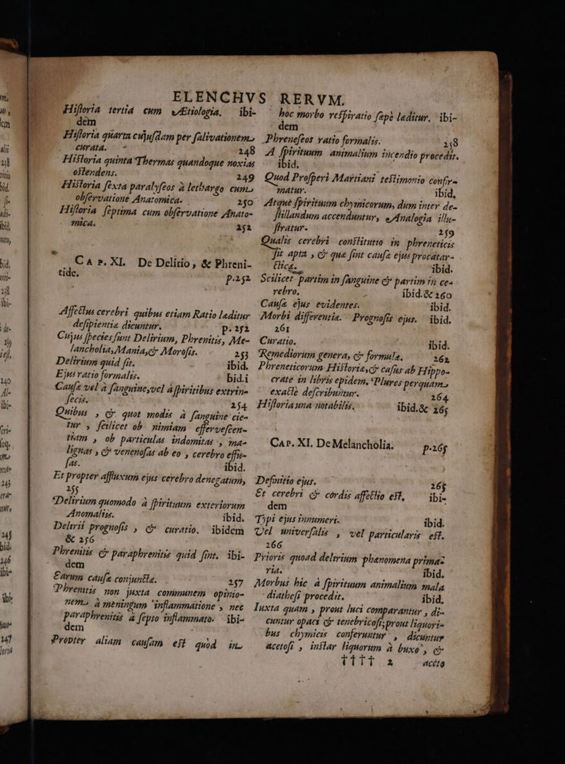 Hiflria tertid cum wEolopia, ^ ibi- dem CHrAlA. 248 Historia quinta Thevmas quandoque noxias oSXlendens. 249 Historia fexta paralyfeos à lethargo cunt obfervatione Anatorica. 2j0 Hiflaria feptima. cum obfervatione JAnato- ica. PTEI Cars.XL De Dclirio, & Phreni- tide. ps; Afctlu cerebri quibus etiam Ratio leditur defipientis dicuntur, P2 Cuius [bectes fat Delirium, Phrenitis, Me- lancholia, Mania, Morofis. 253 Delirium quid fit. ibid. Ejus vatto formalis. bid.i Caufz vel à fauguineyvel à fpiritibus extrin- fecis. 154 Quibus, cy quot mod: à Janguine' cie- Ty y, fewicet ob. nimiam effervefcen- Ham , ob perticulas. indomitas , ma- lignas , c venenofas ab eo » Cerebro effu- A5. ibid. Et propter affiuxum ejus cerebro denegatum, 255 Delirium quomodo à fhirituum exteriorum Anomalizs. ibid. Dehrit prognofis , (Qj curatio, ibidem & 256 Phrenitis. e paraphrenitis quid. fint. ibi- dem Carum caufa conjuntla. 257 Cbreniti; non juxta. communem opinio- nno à meningum dnflammétione , nec «—oo P Jepto inflammato. — ibi- em boc morbo veffiratio fepe laeditur, ibi- dem 248 A fpirituum. animalium Incendio procedit. ibid. uod Pro[peri Martiani: tefiimonio Conf. patur. ibid, Ataue fpirituum chymicorum, dum intey. de. Jillandum accenduntur, e/naloria illy- ffratur- 1f9 Walz cerebyi conflitutio im phreneticzs Jit apta. , & que fint caufa ejus procatar- cg. ibid. S cilicet partim in [anguine ey partim T5 ce« rebro. ibid.& 160 Caníz ejus evidentes. ibid. Morbi. diffeventia. — Prognofts ejus. ibid. 261 ; Cauratio. Remediorum genera, ci formula. 262 Pbhreneticorum Hüiloria,ct cafus ab Hippo- crate in libyzs epidem, *Plures perquam, exatle defcribuntur. 264 Hifloria una notabilis. ibid.& 26; Car. XI. De Melancholia. pióg Definitio ejus. €t cerebri cj corda affctho eft, dem Topi ejus innumeri. Qe univer[ali 266 Prioris quoad deltrium phenomena prima- ria. ibid. Morbus hic. à fpirituum animalium mala diatbefi procedit. ibid. Iuxta quam , prout luci comparantur , di- cuntur opaca cj tenebricofr, prout liauorts bus chymieus conferuxtuy |, dicuntur acetofo , inilar liquorum à buxo » € T1TT a acéta 26$ ibi- ibid. , vel particularis eft.