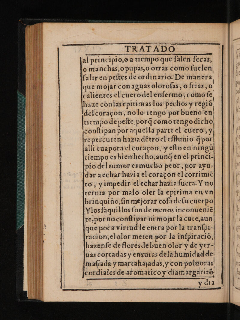 TRATADO al principio,o a tiempo que falen fecas, lo manchas, opupas,o otras como luelen faltr en peltes de ordinario. De manera que mojar con aguas olorofas, o frias, o. calientes el cuerodel enfermo,comofe lraze conlasepitimaslos pechos y regió delcoracon, nolo tengo por bueno en tempo de pelte porq comorengodicho conftipan por aquella parte el cuero, y repercuten hazia détroel effiuuio qpor alli cuaporaelcoracon, y eltoen ningú tiempo esbienhecho,aung en el princi- pio del tumor esmúucho peor, por ayu- jdar aecharhazia el coracon el corrimié to , y impedir el echar hazia fuera. Y no ternia por malo oler la epitima en vn brinquiño,fin mejorar cofa defu cuerpo [Ylosfaquillos fon de menos inconuenié] te,pornocontftipar nimojar la care,aun| |quepoca virtud le entra por la tranfp1-| racion,elolor meten por la infpiracio, Ihazenfe de floresdebuen olor y de yer-; uas cortadas y enxutas dela humidad de: [mafrada y martahajadas, y conpoluoras ¡cordiales de aromaticoy diamargaritó,