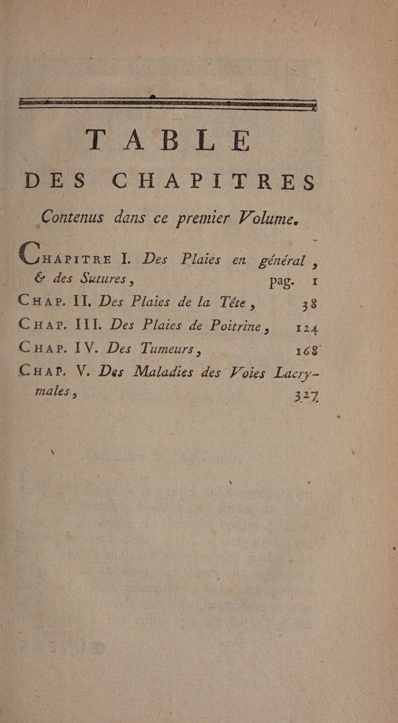 TABLE | DES CHAPITRES Contenus dans ce premier Volume. De a r I. Des Plaies en général , 6 des Sutures, pag. : ÉD TL De Plus de la Téce , 38 CHap. IIT Des Plaies de Poitrine, 124 CHap. IV. Des Tumeurs, 168 CHAP. V, Des Maladies des Voies Lacry- males 3 327