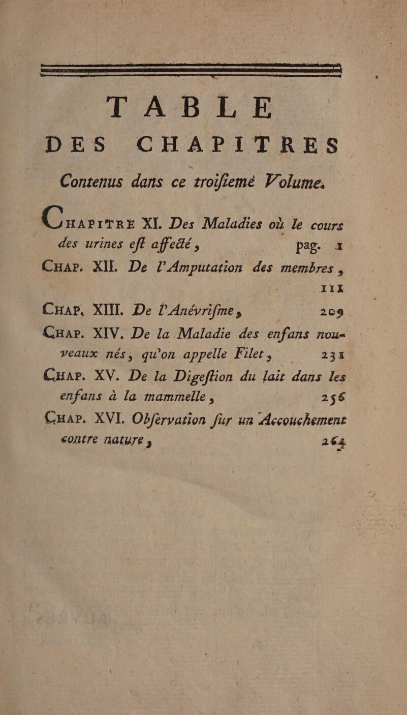 TABLE DES CHAPITRES Contenus dans ce troiliemé Volume. C HAPITRE XI. Des Maladies où Le cours des urines ef? affeété , ; pag. «x Car. XIL De l’Amputation des membres, X1X CHar, XIII. De l'Anévrifmes 2c3 Car. XIV. De la Maladie des enfans nou= veaux nés, qu'on appelle Filet, 233. Car. XV. De La Dipeffion du lair dans les enfans à la mammelle, 256 CHar. XVI Obférvarion fur ur Accouchement CONTE TALUTE 264