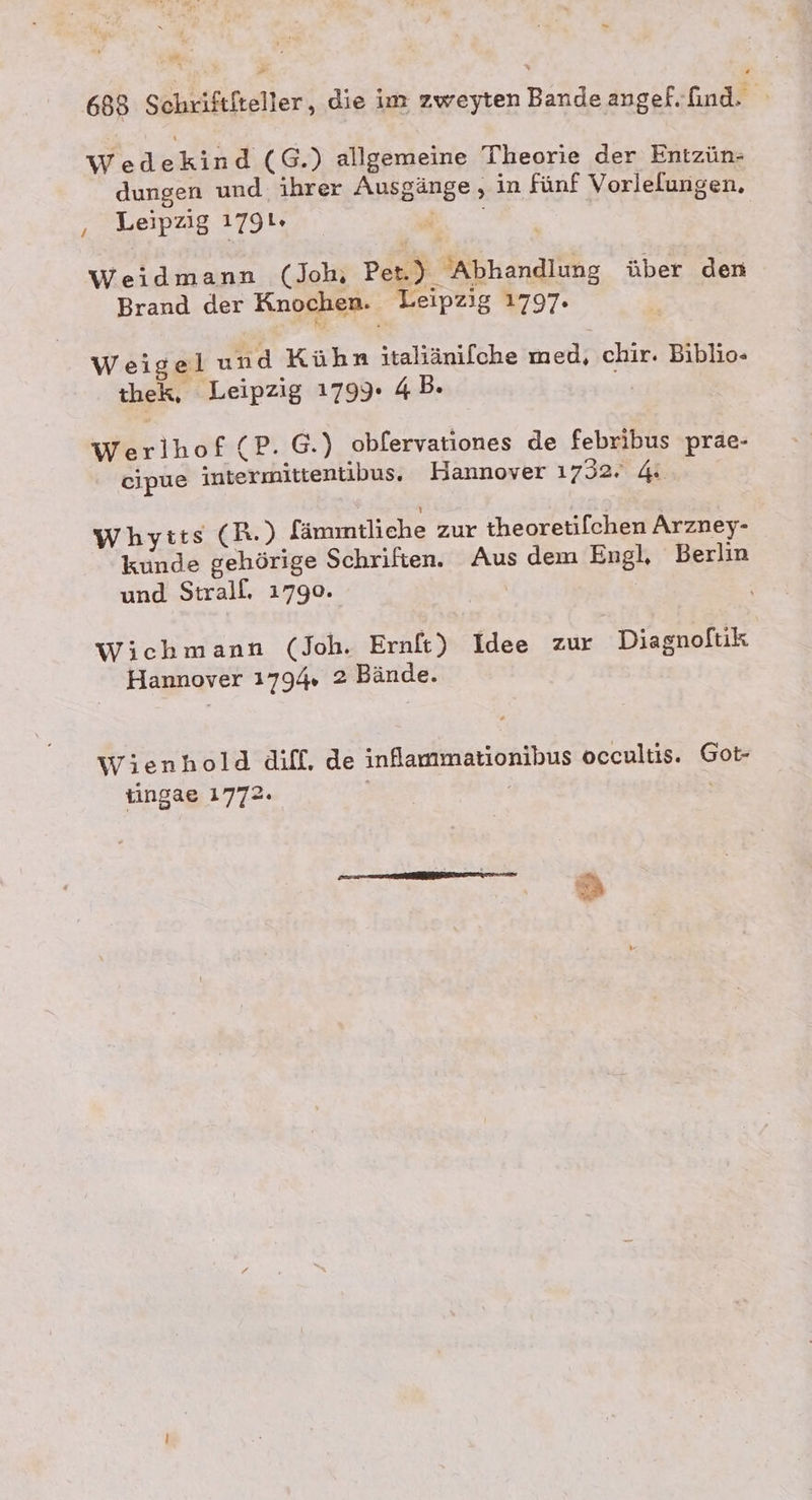 Wedekind (G.) allgemeine Theorie der Entzün- dungen und. ihrer Ausgänge, in fünf Vorlelungen, ‚ Leipzig 1791. Weidmann (Joh, Per.) Abhandlung über den Brand der Knochen. Leipzig 1797. Weigel und Kühn italiänifche med, chir. Biblio« thek, Leipzig 1799: 4B» Werlhof (P. G.) obfervationes de febribus prae- cipue intermittentibus. Hannover 1732. 4 Whyitts (R.) facmtliche zur theoretifchen Arzney- kunde gehörige Schriften. Aus dem Engl, Berlin und Strall. 1790. | Wichmann (Joh. Ernft) Idee ost Diagnoftik Hannover 1794, 2 Bände. Wienhold diff. de inflammationibus occultis. Got- tingae 1772. | a