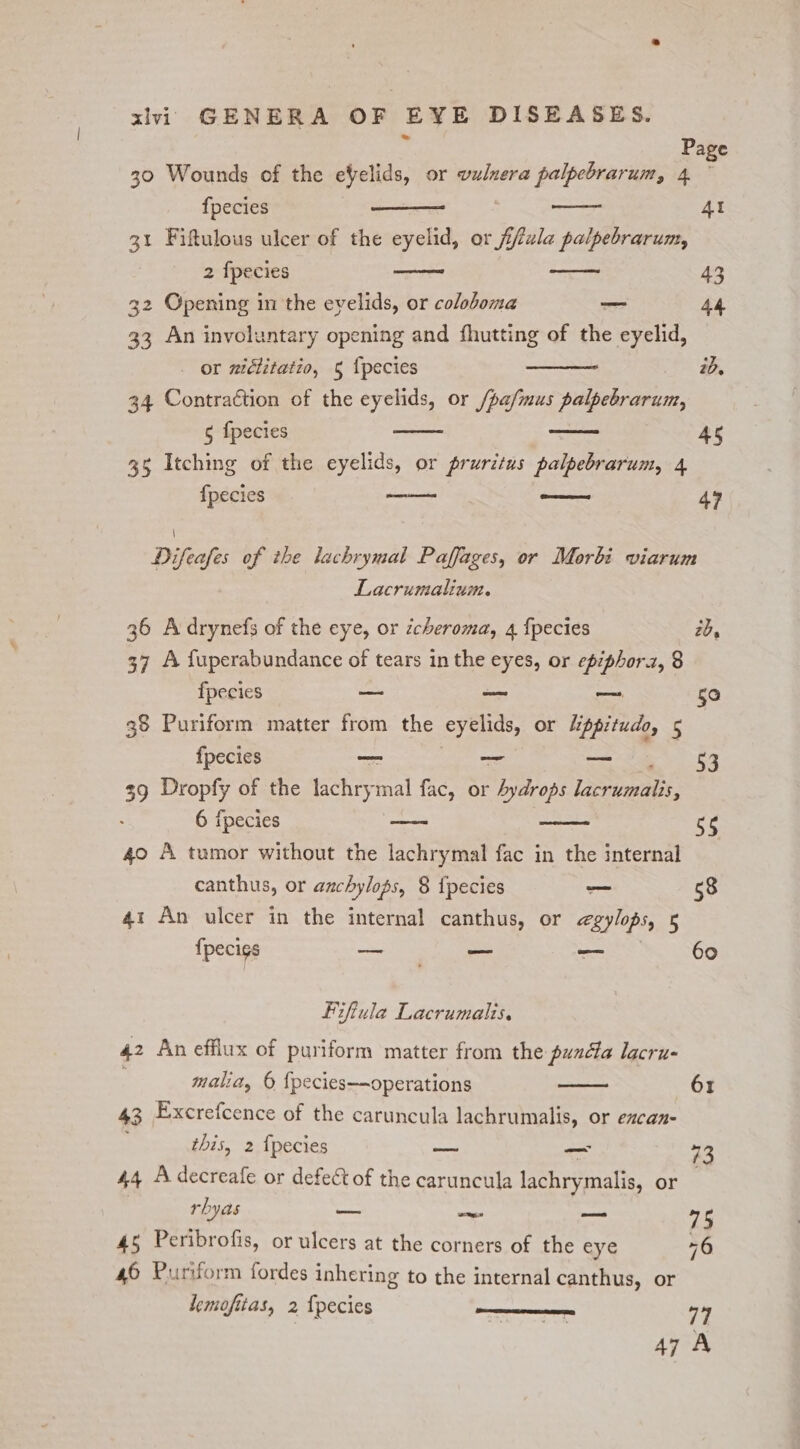 és Page 30 Wounds of the efelids, or wulnera palpebrarum, 4 © fpecies 31 Fiftulous ulcer of the eyelid, or fala palpebrarum, 2 fpecies 32 Opening in the evelids, or coloboma _ 44 33 An involuntary opening and fhutting of the eyelid, or niclitatio, 5 {pecies 34 Contraction of the eyelids, or /pa/mus palpebrarum, 5 {pecies 35 Itching of the eyelids, or pruritus palpebrarum, 4 fpecies —— — 49 4I 20. 45 Difeafes of ihe lachrymal Paffages, or Morbi viarum Lacrumalium. 36 A drynefs of the eye, or icheroma, 4 fpecies 20, 37 A fuperabundance of tears in the eyes, or epiphoraz, 8 fpecies —_ — — 50 38 Puriform matter from the eyelids, or lippitudo, 5 fpecies —- — tee SES 39 Dropfy of the lachrymal fac, or Aydrops lacrumalis, 6 {pecies ~~ ts 40 A tumor without the lachrymal fac in the internal canthus, or anchyloss, 8 {pecies — 58 4i An ulcer in the internal canthus, or egylops, 5 {pecigs — _ 60 Fifiula Lacrumalis. 42 An efflux of puriform matter from the puncta lacru- malia, © {pecies—-operations 61 43 Excrefcence of the caruncula lachrumalis, or excan- ! this, 2 {pecies — — 73 44 Adecreafe or defect of the caruncula lachrymalis, or rhyas — ants ~— 75 45 Peribrofis, or ulcers at the corners of the eye “6 46 Puriform fordes inhering to the internal canthus, or lemofitas, 2 {pecies —— “4 47 A