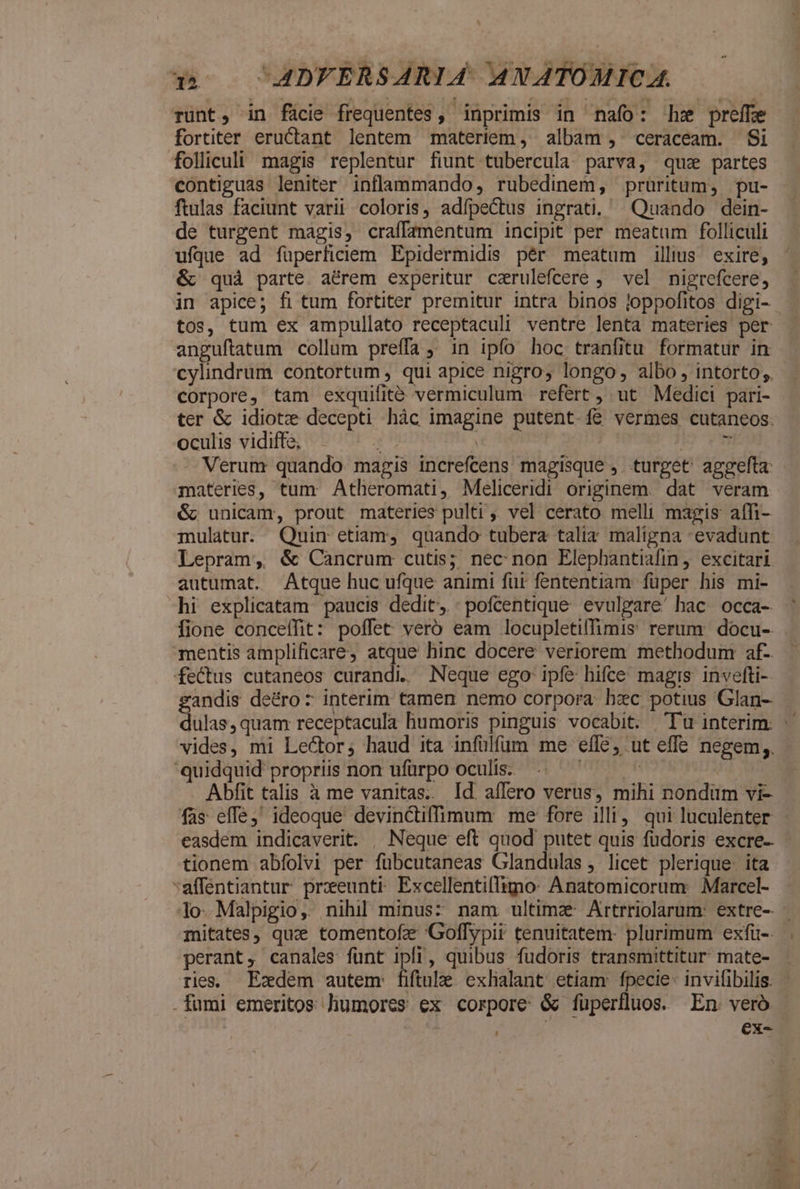 runt, in facie frequentes, inprimis in nafo: he preffe fortiter eructant lentem materiem, albam ,- ceraceam. Si folliculi magis replentur fiunt tubercula. parva, quz partes contiguas leniter inflammando, rubedinem, pruritum, pu- ftulas faciunt varii coloris, adfpe&amp;tus ingrati. Quando dein- de turgent magis, craffamentum incipit per meatum folliculi ufque ad füperficiem Epidermidis pér meatum illius exire, &amp; quà parte. aérem experitur cerulefeere ,— vel nigrefcere, in apice; fi tum fortiter premitur intra binos loppofitos digi- tos, tum ex ampullato receptaculi ventre lenta materies per anguítatum collum preffa , in ipfo hoc tranfitu formatur in cylindrum contortum , qui apice nigro, longo, albo , intorto;. corpore, tam exquifité vermiculum refert , ut Medici pari- ter &amp; idiotz decepti hác imagine putent fe vermes cutaneos. oculis vidiffe, ib. : 2e Verum quando magis increfcens magisque , turget aggefta materies, tum: Atheromati, Meliceridi originem. dat veram &amp; unicam, prout materies pulti , vel cerato. melli magis affi- mulatur. Quin etiam, quando tubera talia maligna evadunt Lepram, &amp; Cancrum cutis; nec non Elephantiafin , excitari autumat. Atque huc ufque animi für fententiam. füper his mi- hi explicatam paucis dedit, : pofcentique evulgare' hac. occa- fione concelfit: poffet veró eam locupletilfimis rerum. docu-. mentis amplificare, atque hinc docere veriorem methodum af- fectus cutaneos curandi. Neque ego ipfe hifce; magis invefti- gandis deéro: interim tamen nemo corpora hzc potius Glan- dulas, quam receptacula humoris pinguis vocabit. Tu interim: | vides, mi Lector; haud ita infülfum me effe, ut effe negem,. quidquid propriis non ufürpo oculis. unc : Abfit talis à me vanitas. Id aífero verus, mihi nondüm vi- fas effe;' ideoque devinctiffimum me fore illi, qui luculenter easdem indicaverit. , Neque eft quod putet quis fudoris excre-- tionem abfolvi per fübcutaneas Glandulas , licet plerique. ita :affentiantur prxeunti Excellentiffimo: Anatomicorum: Marcel- 3o. Malpigio, nihil minus: nam ultima Artrriolarum: extre-- - mitates, quz tomentofe 'Goffypir tenuitatem: plurimum exfu-. perant, canales funt ipfi, quibus fudoris transmittitur mate- . ries; Ezdem autem: fiftule. exhalant etiam: fpecie: invifibilis. | . fumi emeritos humores ex corpore &amp; füperfluos. En. veró à : : ex-