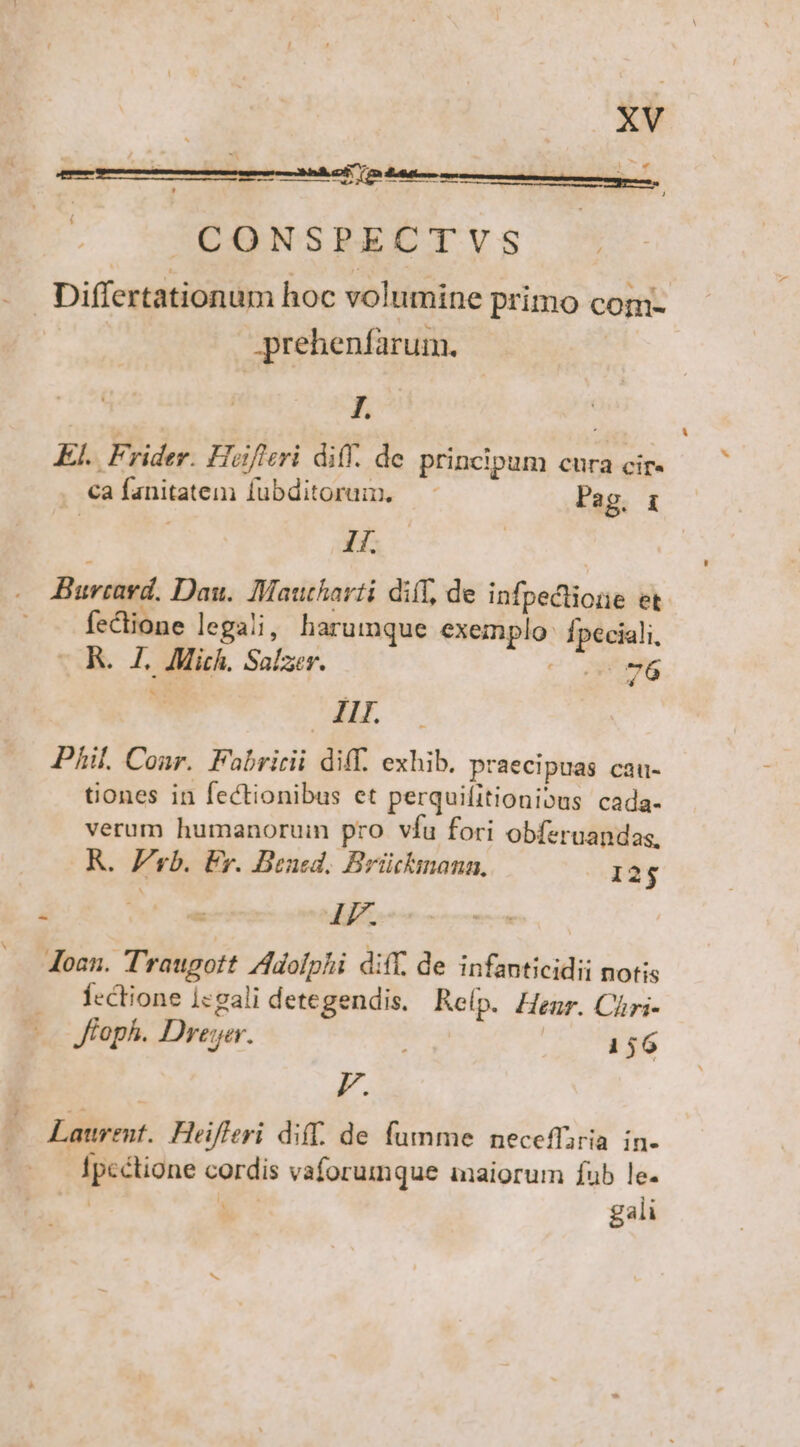 9e $a -— : ied | CONSPECTVS . Differtationum hoc volumine primo com- .prehenfarum. | I. | KL. Frider. Hoifieri dil. de principum cura cir- ca fanitatem fubditorum, — Pag. &amp; | T [ fectione legaii, harumque exemplo: Ípeciali, -R. I. Mich. Saizer. U^ utes E ME. Phil. Conr. Fabriri diff. exhib. praecipuas cau- tiones in fectionibus et perquifitionivus cada- verum humanorum pro vfu fori obferuandas, R. Erb. Er. Bened. Brückmana, 125 E E c LF. ded Joan. Traugott Adolphi diff. de infanticidii notis Ícctione 1«gali detegendis. Relp. Hegr. Cjri- Jfoph. Dreye. 156 | F. Laurent. Heifleri dif. de fumme neceffaria in- Ipcctione cordis vaforumque maiorum fub le- x E gali 4