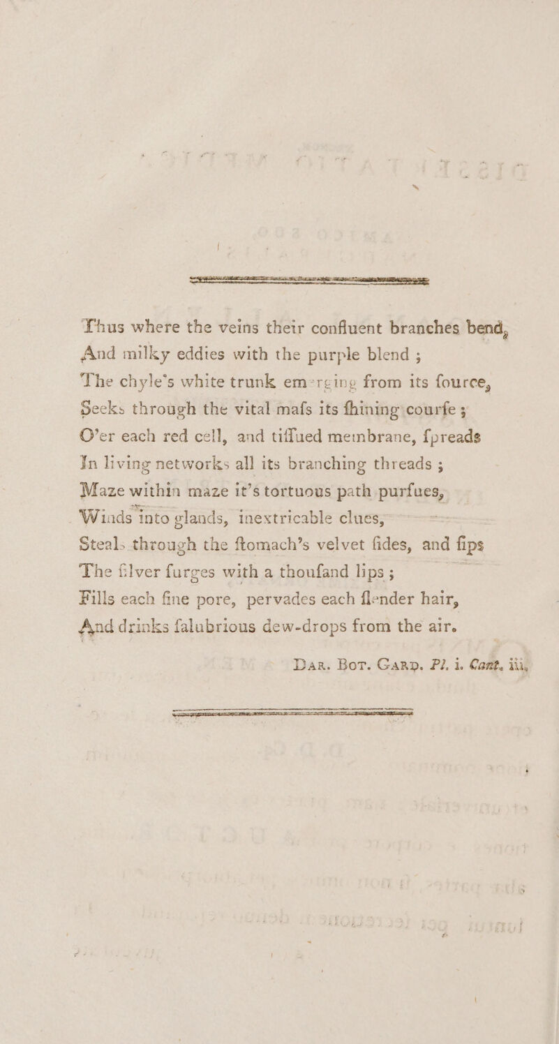 Í TERRE ER MSS SURE, Thus where the veins their confluent branches bend, And milky eddies with the purple blend ; The chyle's white trunk em-reing from its fource, Decks through the vital mafs its fhining courfe ; O'er each red cell, and tiffued membrane, fpreads In living networks all its branching threads ; Maze within maze it's tortuous path purfues, Wiads into glands, inextricable clues, Steal. through the ftomach's velvet fides, and fips The £lver furges with a thoufand lips ; pont: Fills each fine pore, pervades each flender hair, And drinks falubrious dew-drops from the air. Das. Bor. GARpn. £7. i. Cagt, ii,