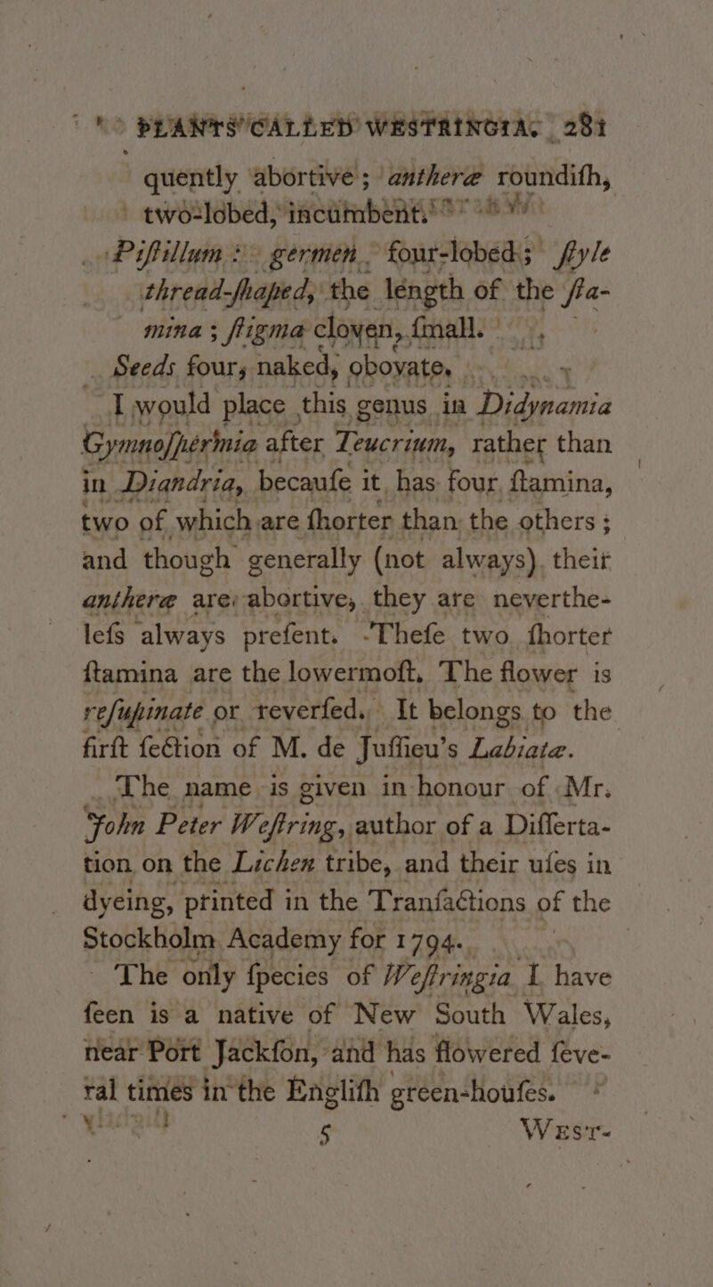 quently ‘abortive ; aii roundifh, - twotldbed, incumbents)? Piftillum &gt; germen.. Rantenea fiyle thread raped, the length of the /a- mina; fligma cloyen, { fmall. | . _ Seeds fours naked, obovate. £59 I would place , this genus. ina Didynamia Gymnofperinia 2 after Teucriui, rather than in Diaqndria, becaufe it, has four, ftamina, two of which are fhorter than, the others : and though generally (not always) their anthere are: abortive, they are neverthe- lefs always prefent. -Thefe two fhorter ftamina are the lowermoft, The flower is refupinate. or teverfed., It belongs. to the firft {eGtion of M. de Juffiew’ S toaaee, The name is given in honour of «Mr. Fohn Peter We Ae author of a Differta- tion on the Lichen tribe, and their ules in dyeing, printed i in the Tranfactions of the Stockholm Academy for 1794. | The only fpecies of We eftringia L have feen is a native of New South Wales, near Port Jackfon, and has flowered feve- tal times inthe Englith gréen-houfes. * eae 5 Wesr-