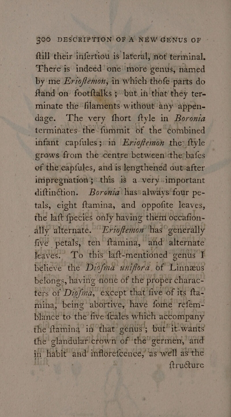 till their infertiou is lateral, not terminal. There is indeed’ one more genus, hamed by me Erioffemon, in which thofe ‘parts do ftand on footftalks ; but in that’ they ter- minate the ‘filaments without ‘any appen- dage. ‘The very fhort ftyle in Boronia . terminates the fummit of the combined infant capfules; in Evzoffemon the: ftyle grows from the centre between 'cthe*bafes of the caplules, and is lengthened outeafter impregnation ; &gt;this is avery important diftin¢tion. Boronia has always four pe- tals, eight ftamina, and oppofite leaves, the laft {pecies only having them occafion- ally alternate. ‘Erioftemon ‘has generally five petals, ten ftamina, ' and alternate leaves: To this laft- mentioned cenus f Behave ‘the Didfina uniflora of Linnzus belongs, having none of the pr oper charac- ters of ‘Diofina, except that five of its fta- mina, being abortive, have forhé refem- blance to the’ five teales which accompany the {tamina iD ‘that: genius’; : But! it. wants the’ elandular: crown of! the” germen, “and in Habte and inflorefcence,’ ‘as well asthe ftruéture