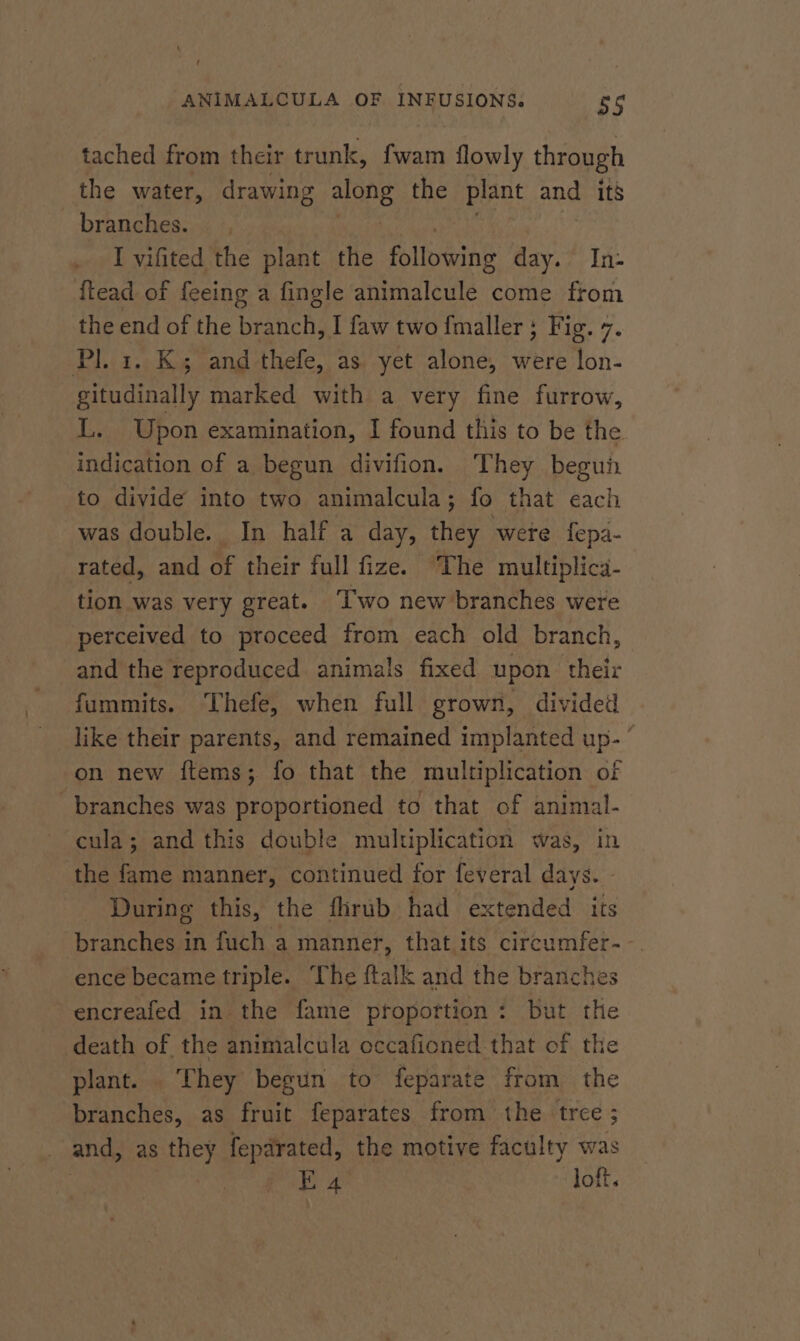 tached from their trunk, fwam flowly through the water, drawing along the plant and its branches. I vifited the plant the Pilseing day.’ In- ftead of feeing a fingle animalcule come from the end of the branch I faw two fmaller ; Fig. 7. Pl. 1. K; and thefe, as yet alone, were one gitudinally marked with a very fine furrow, L. Upon examination, I found this to be the indication of a begun divifion. They begui to divide into two animalcula; fo that each was double. In half a day, they were fepa- rated, and of their full fize. The multiplica- tion was very great. Two new branches were perceived to proceed from each old branch, and the reproduced animals fixed upon their fummits. Thefe, when full grown, divided like their parents, and remained implanted up- ’ on new ftems; fo that the multiplication of branches was proportioned to that of animal- cula; and this double multiplication was, in the fame manner, continued for feveral days. - _ During this, the fhrub_ had extended its branches in fuch a manner, that its circumfer- - ence became triple. The ftalk and the branches encreafed in the fame proportion: but the death of the animalcula occafioned that of the plant. . They begun to feparate from the branches, as fruit feparates from the tree ; _ and, as they feparated, the motive faculty was : 1 ee loft.