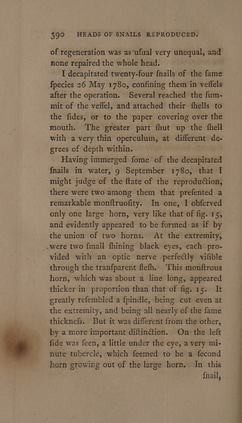 of regeneration was as ufual very unequal, and none repaired the whole head. I decapitated twenty-four {nails of the fame fpecies 26 May 1780, confining them in veffels after the operation. Several reached the fum- mit of the veffel, and attached their fhells to the fides, or to the paper covering over the mouth. The greater part fhut up the fhell with a very thin operculum, at different de- grees of depth within. Having immerged fome of the decapitated {nails in water, 9 September 1780, that I might judge of the ftate of the reproduétion, there were two among them that prefented a remarkable monftruofity. In one, I obferved only one large horn, very like that of fig. 15, and evidently appeared to be formed as if by the union of two horns. At the extremity, _. were two {mall fhining black eyes, each pro- vided with an optic nerve perfectly vifible through the tranfparent flefh. This monftrous horn, which was about a line long, appeared thicker in proportion than that of fig. 15. It greatly refembled a fpindle, being cut even at the extremity, and being all nearly of the fame thicknefs. But it was different from the other, by a more important diftinétion. On the left fide was feen, a little under the eye, a very mi- nute tubercle, which feemed to be a fecond horn growing out of the large horn. In this Ne {nail, &gt; eo ee ek ee a.