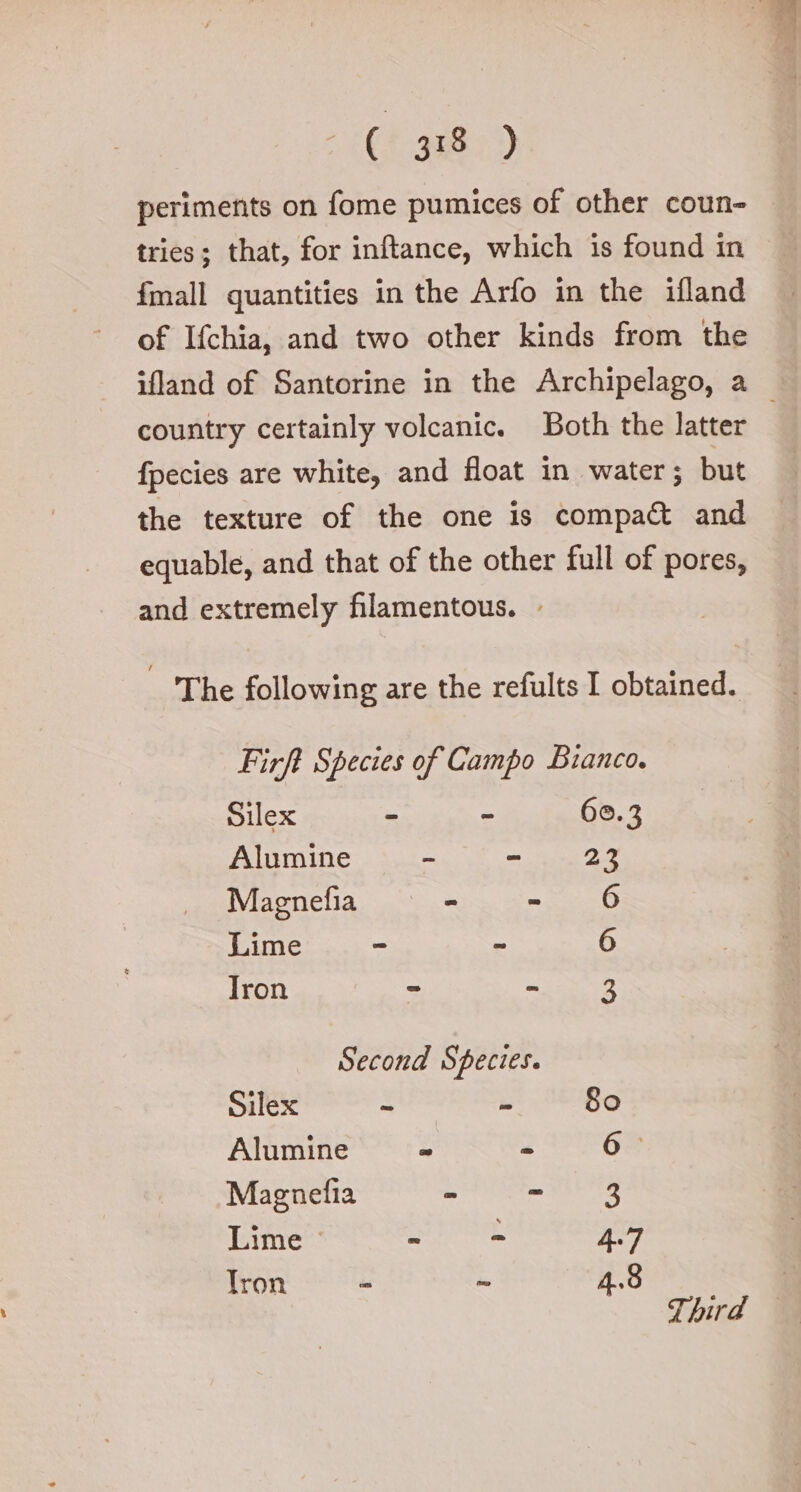 periments on fome pumices of other coun- tries; that, for inftance, which is found in fmall quantities in the Arfo in the ifland of Ifchia, and two other kinds from the ifland of Santorine in the Archipelago, a country certainly volcanic. Both the latter | fpecies are white, and float in water; but the texture of the one is compa@&amp; and equable, and that of the other full of pores, and extremely filamentous. . | The following are the refults I obtained. Firft Species of Campo Bianco. Silex - = 60.3 Alumine - - 23 Magnefia - = gd Lime - ~ 6 Tron - EI Second Species. Silex ~ - 80 Alumine = È Magnefia - = XE Lime &gt;  = #7 Tron = n 8 Third