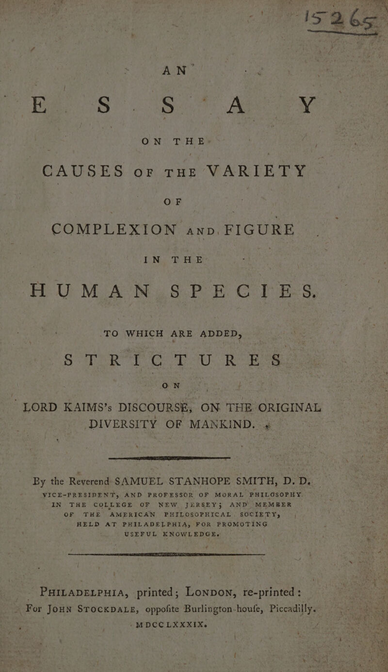 3 AN Sinks ee hee Ee 9). Sa Aes CAUSES OF THE VARIETY OF COMPLEXION anv. FIGURE | N. “BE. ELE HUMAN SPECIES. TO WHICH ARE ADDED, ST RETO TAU Rowe ON LORD KAIMS’s DISCOURSE, ON THE ORIGINAL DIVERSITY OF MANKIND. ¥ By the Reverend SAMUEL STANHOPE SMITH, D. D. VICE-PRESIDENT, AND PROFESSOR OF MORAL PHILOSOPHY. IN THE COLLEGE OF NEW JERSEY; AND MEMBER OF THE AMERICAN PHILOSOPHICAL. SOCIETY, HELD AT PHILADELPHIA, FOR PROMOTING USEFUL KNOWLEDGE, _ PHILADELPHIA, printed; Lonpon, re-printed: - For Joun STOCKDALE, oppofite Burlington-houfe, Piccadilly. -MDCCLXXKIX. Ny eg