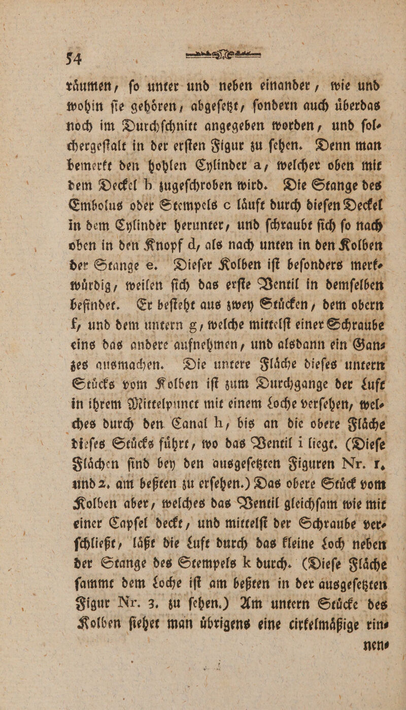 räumen, fo unter und neben einander, wie und wohin ſie gehören, abgeſetzt, ſondern auch uͤberdas noch im Durchſchnitt angegeben worden, und fol- chergeſtalt in der erſten Figur zu ſehen. Denn man bemerkt den hohlen Cylinder a, welcher oben mit dem Deckel b zugeſchroben wird. Die Stange des Embolus oder Stempels c lauft durch dieſen Deckel in dem Cylinder herunter, und ſchraubt ſi ch ſo nach oben in den Knopf d, als nach unten in den Kolben der Stange e. Dieſer Kolben iſt beſonders merke wuͤrdig, weilen ſich das erſte Ventil in demſelben befindet. Er beſteht aus zwey Stuͤcken, dem obern k, und dem untern g/ welche mittelſt einer Schraube eins das andere Mifnoen; und alsdann ein Gans zes ausmachen. Die untere Flaͤche dieſes untern Stücks vom Kolben iſt zum Durchgange der Luft in ihrem Mittelpunct mit einem Loche verſehen, wel⸗ ches durch den Canal h, bis an die obere Flaͤche dieſes Stücks führe, wo das Ventil i liegt. (Dieſe Flachen find bey den ausgeſetzten Figuren Nr. r. und 2. am beßten zu erſehen.) Das obere Stuͤck vom Kolben aber, welches das Ventil gleichſam wie mit einer Capſel deckt, und mittelſt der Schraube ver⸗ ſchließt, laßt die Luft durch das kleine Loch neben der Stange des Stempels k durch. (Dieſe Flaͤche ſammt dem goche iſt am beßten in der ausgeſetzten Figur Nr. 3, zu ſehen.) Am untern Stucke des Kolben ſiehet man übrigens eine cirfelmäßige rin⸗ | nen⸗