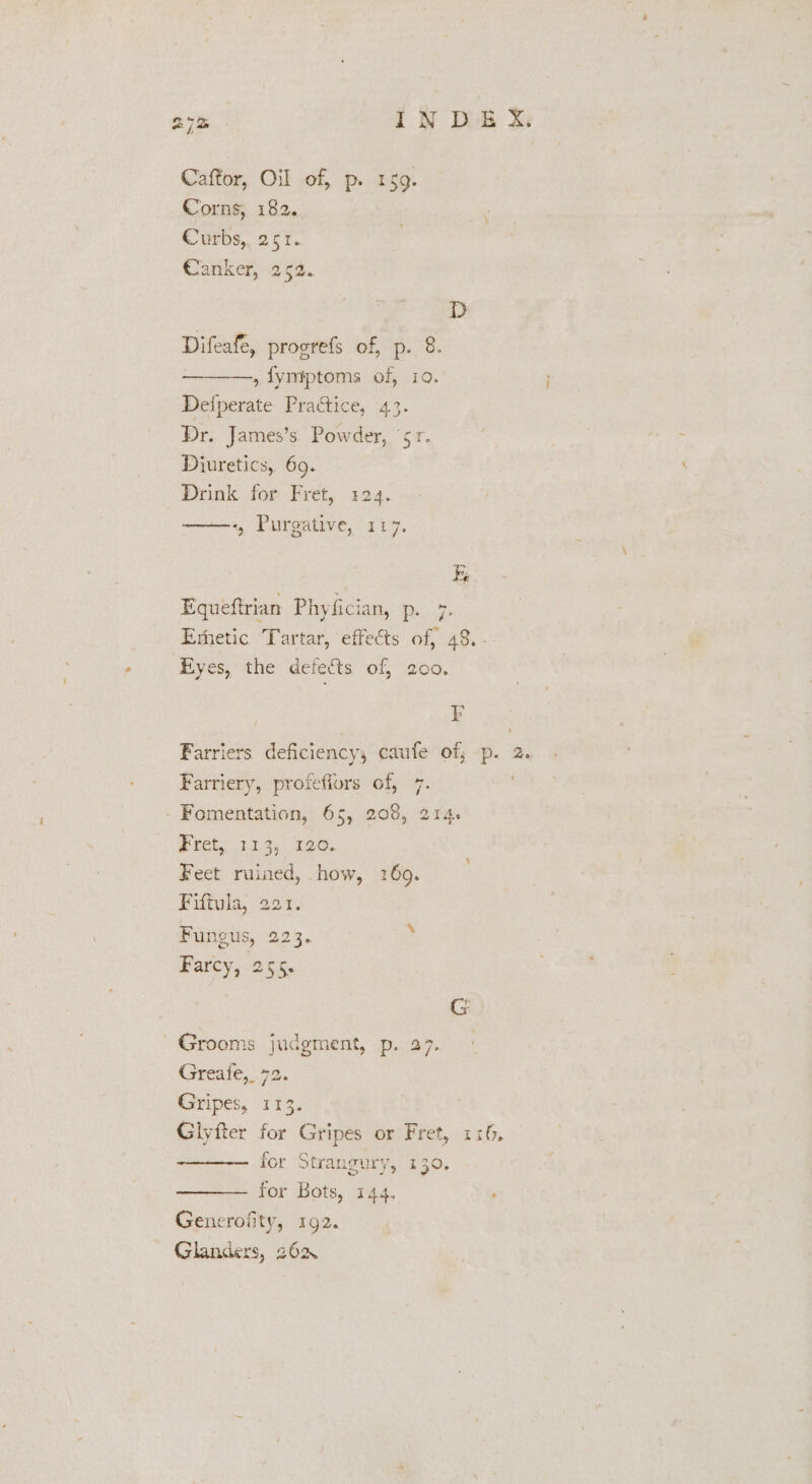 Caftor, Oil of, p. 159. Corns, 182. Curbs,, 251. Canker, 252. D Difeafe, progrefs of, p. 8. » fymptoms of, 10. Defperate Practice, 43. Dr. James’s Powder, ‘sr. Diuretics, 69. Drink for Fret, 124. «, Purgative, 117. Equeftrian Phyfician, p. 7. Emetic ‘Tartar, effects of, 48. - Eyes, the defects of, 200.  Farriers deficiency, caufe of; -p. 2. Farriery, profeffors of, 7. - Fomentation, 65, 208, 214. Frets 123,. 126, Feet ruined, how, 169. Fiftula, 221. Fungus, 223. Parcy, 25%. G Grooms judgment, p. 27. Greafe,_.72. Crripes, 919g. Glyfter for Gripes or Fret, 116, oy Sey t we a for Strangury, 139. ——— for Bots, 144. , Generofity, 192. Glanders, 26a