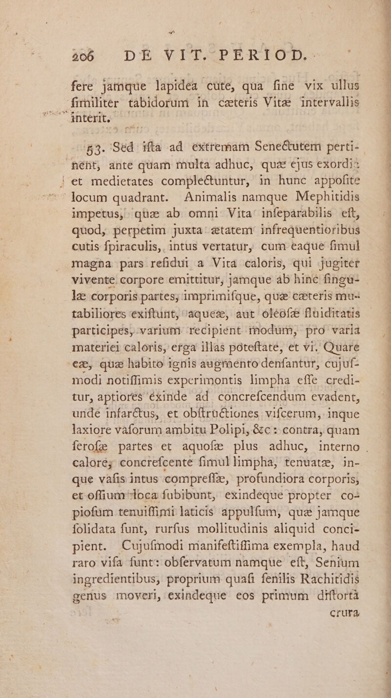 Hi «g^ Bo DE VIIPEISPOD ^ interit, — 53. Sed ifta ad extremam Sene&amp;utem perti- et medietates comple&amp;untur, in hunc appofite locum quadrant. Animalis namque Mephitidis impetus, quz ab omni Vita infepárabilis eft, quod, perpetim juxta: ztatemr infrequentioribus cutis fpiraculis,, intus vertatur, cum eaque fimul magna pars refidui a Vita caloris, qui jugiter vivente. corpore emittitur, jamque áb hinc fingu- lg corporis partes; imprimifque, que ceteris mu- tabiliores exiftunt, aquez, aut oleoíz fluiditatis participes, varium. recipient modum, pro varia ez, qua habito ignis augmento denfantur, cujuf- modi notiffimis experimontis limpha effe credi- tur, aptiores éxinde àd concrefcendum evadent, unde infar&amp;us, et obítrü&amp;tiones vifcerum, inque laxiore vaforum ambitu Polipi, &amp;c : contra, quam calore; concrefcente fimul limpha, tenuatz, in- que vafis intus compreffe, profundiora corporis; et offium*loca fubibunt, exindeque propter co- piofum tenuiffimi laticis appulfum, qua Jamque folidata funt, rurfus mollitudinis aliquid. conci- pient. Cujuímodi nianifeftiffima exempla, haud raro vifa funt: obfervatum namque eít, Senium ingredientibus, proprium quafi fenilis Rachitidis genus moveri, exindeque eos primum diftortà crura
