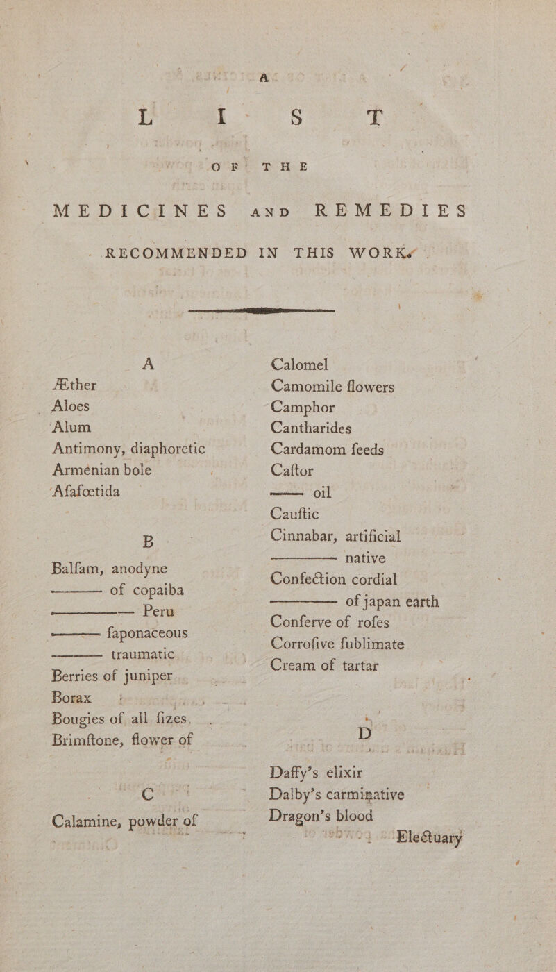 MEDICINES ann REMEDIES - RECOMMENDED IN THIS WORKe . A Calomel fEther Camomile flowers _ Aloes Camphor Alum | Cantharides Antimony, diaphoretic Cardamom feeds Armenian bole 3 Caftor ‘Afafoetida oil - Cauttic po. Cinnabar, artificial native Balfam, anody ae Confection cordial ne pet of japan earth — Peru Conferve of rofes | beeen Corrofive fublimate Berries of juniper. Borax; eee Bougies of all fizes, Brimftone, flower of tos Cream of tartar D Daffy’s elixir cur _ Dalby’s carminative Dragon’s blood ) BON eS Ne tary Calamine, powder of