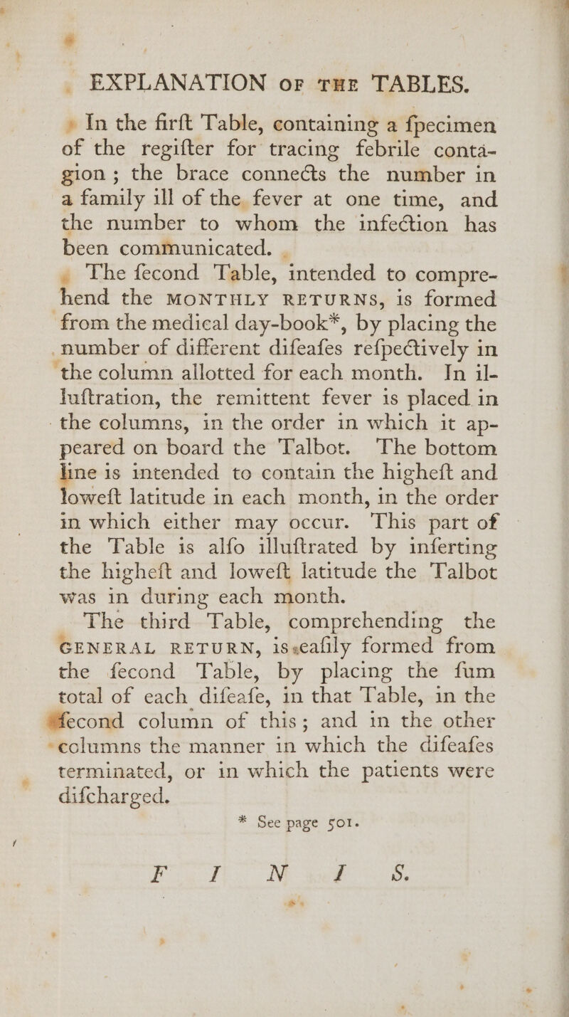 _ EXPLANATION or tHe TABLES. » In the firft Table, containing a fpecimen of the regifter for tracing febrile conta- gion ; the brace connects the number in a family ill of the fever at one time, and the number to whom the infection has been communicated. g@ The fecond Teble, ‘intended to compre- Merc the MONTHLY RETURNS, is formed from the medical day-book*, by placing the number of different difeafes refpectively in ‘the column allotted for each month. In il- luftration, the remittent fever is placed in the columns, in the order in which it ap- peared on board the ‘Talbot. ‘T’he bottom line is intended to contain the higheft and loweft latitude in each month, in the order im which either may occur. ‘This part of the Table is alfo illuftrated by inferting the higheft and loweft latitude the Talbot was in during each month. The third Table, comprehending the GENERAL RETURN, iseeafily formed from the fecond Table, by placing the fum total of each difeafe, in that Table, in the Mecond column of this; and in the other ~eclumns the manner in which the difeafes terminated, or in which the patients were difcharged. &amp; * See page Sol. 2 OS see ae ae e's