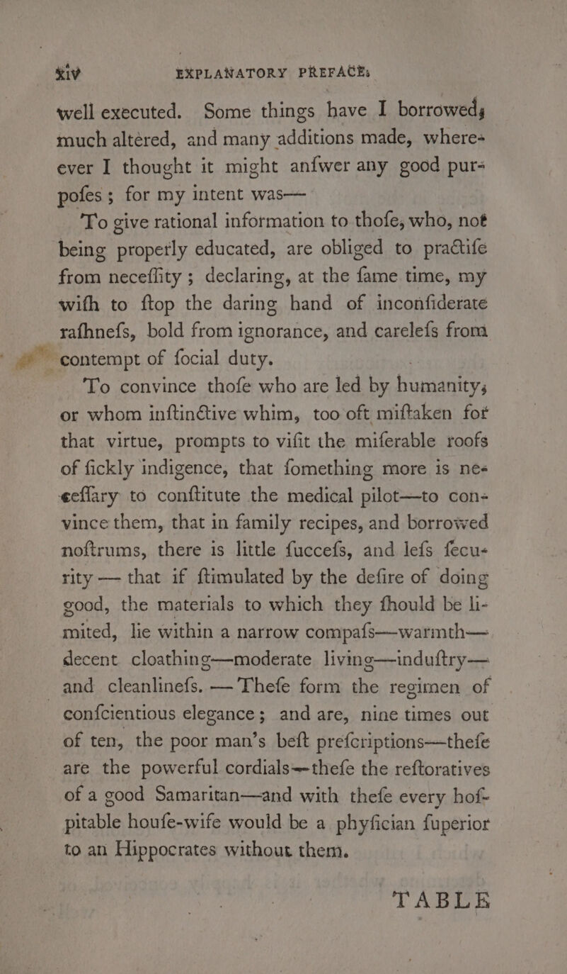 ' well executed. Some things have I borroweds much altéred, and many additions made, where- ever I thought it might anfwer any good pur- pofes ; for my intent was— To give rational information to thofe, who, not being propertly educated, are obliged to practife from neceflity ; declaring, at the fame time, my with to ftop the daring hand of inconfiderate rafhnefs, bold from ignorance, and carele{s from To convince thofe who are led by fsantcy or whom inftinétive whim, too oft miftaken fot that virtue, prompts to vifit the miferable roofs of fickly indigence, that fomething more is ne- vince them, that in family recipes, and borrowed noftrums, there is little fuccefs, and lefs fecu- rity — that if ftimulated by the defire of doing good, the materials to which they fhould be li- mited, lie within a narrow compafs—warmth— decent cloathing—moderate living—induftry— and cleanlinefs. —'Thefe form the regimen of con{cientious elegance; and are, nine times out of ten, the poor man’s beft prefcriptions—thefe are the powerful cordials~-thefe the reftoratives of a good Samaritan—and with thefe every hof- pitable houfe-wife would be a phyfician fuperior to an Hippocrates without them. TABLE