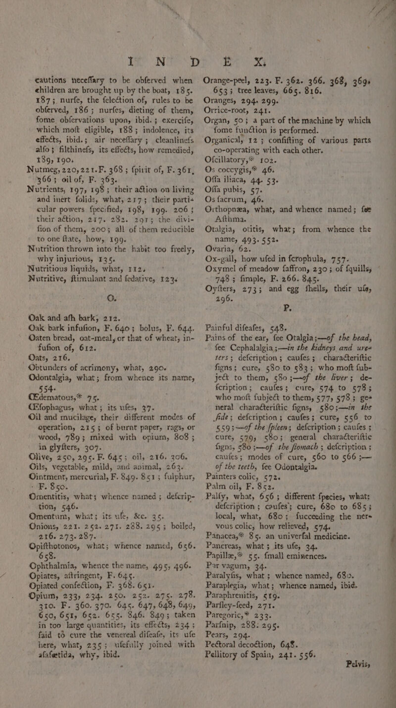 cautions neceflary to be obferved when children are brought up by the boat, 185. 1873. nurfe, the {election of, rules to be obferved, 186; nurfes, dieting of them, fome obfervations upon, ibid. ; exercife, which moft eligible, 188; indolence, its effects, ibid.; air neceffary ; cleanlinefs alfo; filthinefs, its effects, how remedied, 189, 190. Nutmeg, 220, 221.F. 368 ; {pirit of, F. 361, 3663 oil of, F. 363. Nutrients, 197, 198; their a€tion on living and inert folids, what, 2173 their parti« cular powers fpecifiedy 198, 199. 2063 their action, 217. 232. 291; the divi- fion of them, 200; all of them reducible to one ftate, how, 199. Nutrition thrown into the habit too freely, why injurious, 135. Nutritious liquids, what, 112, Nutritive, ftimulant and fedative, 123s O. Oak and afh bark, 212. Oak bark infufion, F.640; bolus, F. 644. ' Qaten bread, oat-meal, or that of wheat, in- fufion of, 612. Oats, 216. Obtunders of acrimony, what, 290. Odontalgia, what; from whence its name, 554- CEdematous,* 75. CEfophagus, what ; its ufes, 37. Oil and mucilage, their different modes of operation, 215; of burnt paper, rags, or wood, 789; mixed with opium, 808 ; in glyfters, 307. Olive, 250, 295. F. 645; oil, 216, 306. Oils, vegetable, mild, and animal, 263. Ointment, mercurial, F. 849. 8515 fulphur, - F. 850. Omentitis, what; whence named ; defcrip- tion, 546. Omentum, what; its ule, &amp;c. 35. Onions, 221. 252. 27%. 288. 295; boiled, 216. 273.287. Opifthotonos, what; whence named, 656. 658. Ophthalmis, whence the name, 495, 496. Opiates, aftringent, F. 645. Opiated confection, F. 368. 651. — Opium, 233, 234. 250. 252. 275. 278. 310. F. 360. 370. 645. 647, 648, 649, 650, 651, 652. 655. 346. 849; taken in too large quantities, its effects, 234 ; faid tO cure the venereal difeafe, its ufe here, what, 235; ufefully joimed with afafetida, why, ibid. Brox Orange-peel, 223. F. 362. 366. 368, 369s 653; tree leaves, 665. 816. . Oranges, 294. 299. : Orrice-root, 241. Organ, 50} a part of the machine by which fome fundtion is performed. Organical, 12 ; confifting of various parts co-operating with each other. Ofcillatory,* r1oz. Os coccygis,* 46. Offa iliaca, 44. 53. Offa pubis, 57. Os facrum, 46. Orthopnza, what, and whence named; fee Afthma. Otalgiay otitis, what; from whence the name, 493. 552+ Ovaria, 62. Ox-gall, how ufed in ferophula, 757. 748; fimple, F. 266. 845. Oyfters, 273; and egg fhells, their ufs, 296. ¥: Painful difeafes, 548. Pains of the ear, fee Otalgia;s—of the head, fee Cephalalgia ;—in the kidneys and urea ters; defeription; caufes; characteriftic figns; cure, 580 to §33; who moft fub- je&amp; to them, 580 ;—-of the iver; de- fcription; caufes; cure, 574 to 5733 who moft fubjeét to them, 577, 578; ge neral characteriftic figns, 580;—72 she fide; defcription ; caufes; cure, 556 to 5593~—of the fpleen; defcription ; caufes ; cure, 579, 580; general characteriftic figns, 580 ;—of the fiomach ; defcription ; caufes; modes of cure, 560 to 566 ;— of the teeth, fee Odontalgia. Painters colic, 572. Palm oil, F. 852. Palfy, what, 656; different fpecies, what; defcription ; caufes’; cure, 680 to 685; local, what, 680; fucceeding the n¢re vous colic, how relieved, 574. Panacea,* 85. an univerfal medicine. Pancreas, what ; its ufe, 34. Papille,* 55. {mall eminences. Par vagum, 34. Paralyfis, what ; whence named, 680. Paraplegia, what; whence named, ibid. Paraphrenitis, §tg. Parfley-feed, 271. Paregoric,* 233. Parfnip, 288: 295. Pears, 294. Peétoral decoétion, 648. Pellitory of Spain, 241. 556. Pelvis, ip ee .