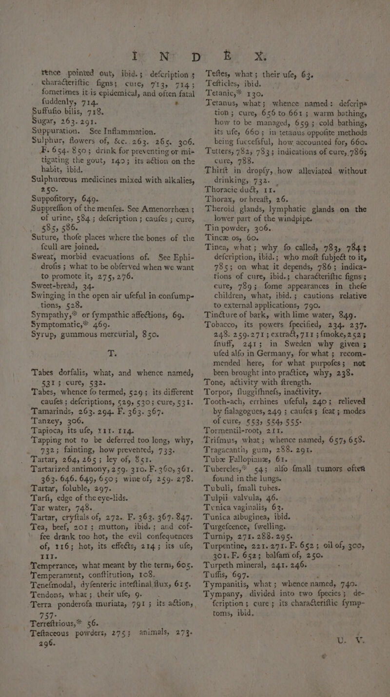 rece pointed out, ibid.; defcription s characteriftic figns; cure, 713, 304 ; fometimes it-is epidemical, and often fatal fuddenly, 714. * Suffufio bilis, 718. ugar, 263.291. Suppuration. See Inflammation. Sulphur, flowers of, &amp;c..263. 265. 306. F. 654. 850; drink for preventing or mi+ tigating the gout, 149; its aétion on the habit, ibid. Sulphureous medicines mixed with alkalies, 2.50. Suppofitory, 649. Suppreffion of the menfes. See Amenorrhcea ; of urine, 534; defcription ; caufes ; cure, 585, 586. Suture, thofe places where the bones of the {cull are joined. Sweat, morbid evacuations of. See Ephi- drofis ; what to be obferved when we want to promote it, 275, 276. Sweet-bread, 34. Swinging in the open air ufeful in confump- tions, 528. Sympathy,** or fympathic affections, 69. Symptomatic,* 469. Syrup, gummous merciirial, 850. T. Tabes dorfalis, what, and whence named, 5313 cure, 532. Tabes, whence fo termed, 529; its different caufes ; defcriptions, 529, 530; cure, 531. Tamarinds, 263. 294. F. 363. 367. Tanzey, 306. Tapioca; its ufe, X11. 114. ‘Tapping not to be deferred too long, why, _ 732; fainting, how prevented, 733. Tartar, 264, 265; ley of, 851. Tartarized antimony, 259. 310. F. 360, 361. 363. 646. 649, 650; wine of, 259. 278. Tartar, foluble, 297. Tarfi, edge of the eye-lids. Tar water, 748. Tartar, cryftals of, 272.. F. 363. 367. 847. Tea, beef, 201; mutton, ibid.; and cof- ‘ fee drank too hot, the evil confequences of, 116; hot, its effects; 214; its ufe, III. Temperance, what meant by the term, 605. Temperament, conftitution, 108. Tenefmodal, dyfenteric inteftinal flux, 61 §, Tendons, what; their ufe, 9. : Terra ponderofa muriata, 791 ; its action, a7 ’ | Terreftrious,* 56. Teftaceous powders, 2753 296. animals, 273. Teftes, what; their ufe, 63. Tefticles, ibid. Tetanic,* 130, Tetanus, what; whence named: defcrips tioh ; cure, 656 to 661; warm bathing, how to be managed, 659 ; cold bathing, its ufe, 660; in tetanus oppofite methods being fuccefsful, how accounted for, 660. Tetters, 782, 7333 indications of cure, 786; cure, 788. Thirft in dropfy, how alleviated without drinking, 732. | Thoracic duct, 11. Thorax, or breaft, 26. Theroid glands, lymphatic glands on the lower part of the windpipe. Tin powder, 306. Tince os, 60. } Tinea, what; why fo called, 783, 784% defcription, ibid.; who moft fubjeé to it, 785; on what it depends, 786; indica- tions of cure, ibid.; characteriftic figns ; eure, 789; fome appearances in thefe children, what, ibid. ; cautions relative to external applications, 790. Tinéture of bark, with lime water, 849. Tobacco, its powers fpecified, 234. 237. 248. 259.2713 extract, 711 ;{moke, 252 5 fnuff, 241; in Sweden why given ; ufed alfo in Germany, for what ; recom- mended here, for what purpofes; not been brought into practice, why, 238. Tone, activity with ftrength. Torpor, fluggifhnefs, ina¢tivity. Tooth-ach, errhines ufeful, 240; relieved by fialagogues, 249 ; caufes; feat ; modes of cure, 5535 $545 555 Tormentil-root, 211. Trifmus, what; whence named, 6575 658. Tragacanth, gum, 288. 291. Tubz Fallopianz, 61. Tubercles,* 54; alfo {mall tumors ofteti found in the lungs. Tubuli, fmall tubes. Tulpii valvula, 46. Tenica vaginalis, 63. Tunica albuginea, ibid. Turgefcence, {welling. Turnip, 271. 288.295. Turpentine, 221.271. F. 652; oil of, 300, 301. F. 652; balfam of, 250. Turpeth mineral, 241. 246. Tuflis, 697. ‘ Tympanitis, what ; whence named, 740. Tympany, divided into two fpecies; de- {cription ; cure ; its characteriftic fymp- toms, ibid, - v.