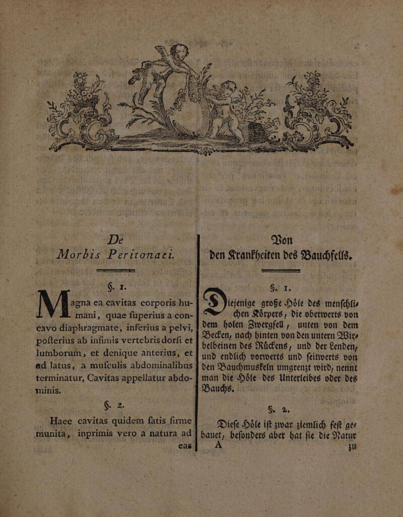 De | . Morbis Peritonaei. ———MÉE H. r. M? ea cavitas corporis hu- X V mani, quae fuperius a con- cavo diaphragmate, inferius a pelvi, pofterius ab infimis vertebris dorſi et lumborum, et denique anterius, et minis. 5.2. Haec cavitas quidem fatis firme munita, inprimis vero a natura ad eas Von S. I, chen Koͤrpers, die oberwerts von Becken, nach hinten von den untern Wir⸗ belbeinen des Ruͤckens, und der Lenden, und endlich vorwerts und ſeitwerts von den Bauchmuskeln umgrenzt wird, nennt man die Hoͤle des Unterleibes oder des Bauchs. | TÉ $. 2, Dieſe Hoͤle ift zwar ziemlich feft ge