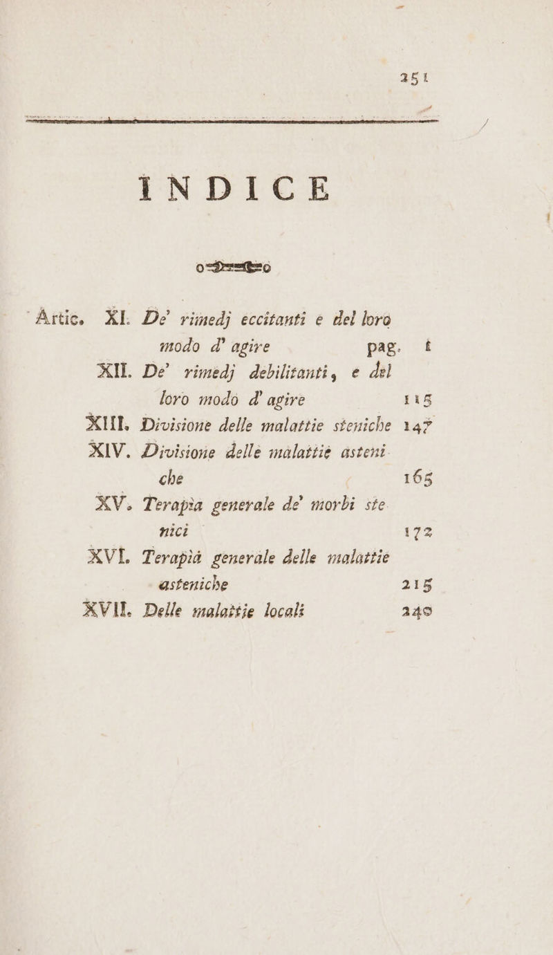 INDICE &gt; (75) Artio. XI De’ rimedj eccitanti è del loro modo d’ agire pag. i XI. De rimedj debilitanti, e del loro modo d’ agire 115 XIII Divisione delle malattie steniche 147 XIV. Divisione delle malattie asteni che 165 XV. Terapza generale de’ morbi ste nici 172 XVI. Terapia generale delle malattie asteniche 215 XVII. Delle malattie locali 249