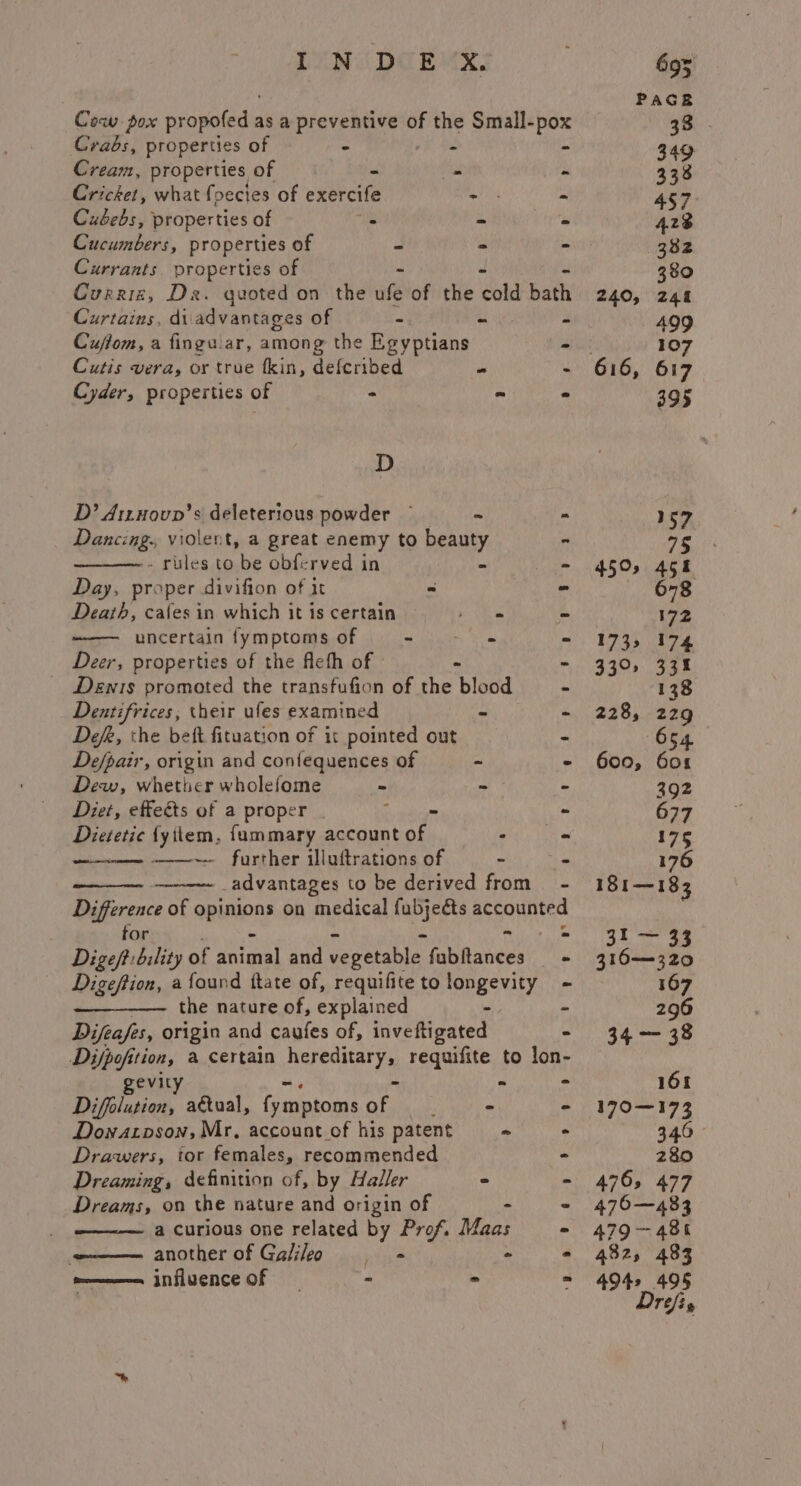 Cow pox propoted z as a preventive of the Small-pox Crabs, properties of - - - Cream, properties of - = - Cricket, what foecies of exercife te - Cubebs, properties of : - s Cucumbers, properties of - - - Currants properties of - - Curriz, De. quoted on the ufe of the cold bath Curtains, diiadvantages of - - - Cujtom, a finguar, among the Egyptians - Cutis vera, or true kin, defcribed - - Cyder, properties of &gt; - ° D D’ Artnoup’s deleterious powder ~ ~ - Dancing. violent, a great enemy to beauty - - rules to be obferved in - - Day, proper divifion of it “ Death, cafes in which it is certain ot - uncertain fymptoms of Tek ty - Deer, properties of the flefh of » - - Denis promoted the transfufion of the blood - Dentifrices, their ules examined ~ - Dek, the beft fituation of it pointed out « De/pair, origin and confequences of - - Dew, whether wholefome - - - Diet, effects of a proper ie gniecee - fummary account of - further illuftrations of ~ advantages to be derived from - Difference of opinions on medical Meet mua tor = Digeft ibility of iced aud vegetable faunatees Digeftion, a found ttate of, requifite to longevity Dietetic fyitem, ee ee the nature of, explained i. Difeafes, origin and caufes of, inveftigated - Difpoft tion, a certain a requifite to lon- gevity = = ° Diffolution, a&amp;ual, {ynptoms Of aie - Downarpson, Mr, account of his patent - Drawers, ior females, recommended - Dreaming, definition of, by Haller - - Dreams, on the nature and origin of - - a curious one related by Prof. Maas . another of Galileo = &gt; - w————= influence of - - &gt; 240, 161 170—173 340 280 476, 477 475—483 479 — 48 482, 483 4949 495 Drijis