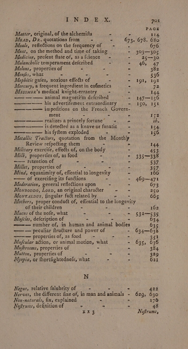 LN Doe Bi sXe 904 PAGE Matter, original, of the alchemifts Fi 14 Meap, Dr. quotations from - 673. 678. 680 Meals, refleétions on the frequency of = + ‘ 676 Meat, on the method and time of taking = 303-305 Medicine, prefent ftateof, asafcience - - 25-30 Melancholic temperament defcribed - - 46, 47 Melons, properties of ° - - 382 Menfes, what - &gt; - 536 Mephitic gales, noxious 5 effets of - - 191, 192 Mercury, a frequent ingredient in cofmetics - 72 Mazssmer’s medical knight-errantry - - 144 — — ——- animal magnetifm defcribed oe 147—156 ———-—--—— his advertifement extraordinary - 150, ISI ———-——— impofitions on the French Govern- ment - - - ¥e2 ——————— realizes a princely fortune” -- - ib. ~———-——- 1s detected as a knave or fanatic - 154 —-— his fyftem exploded 7 - 156 Metallic Traéors, quotation from the Monthly Review refpecting them aver 144 Military exercife, effects of, on the baa - 453 Milk, properties of, as food - &gt; 335-338 ——— retention of “ os : 537 Millet, properties of . - 357 Mind, equanimity of, effential to lonpevity ~ 166 of exercifing its fun€tions - - 469—471 Moderation, general reflections upon - - 73 Mownzonvo, Lorp, an original character - 250 Monrazpvs, fingular faé related by es = 665 Mothers, proper conduct of, effential to the longevity of their children — - lone 162 Mucus of the nofe, what - - = §32——535 Mufcles, defcription of - - 634 awe number of, in human and Semae bodies - 635 —— — peculiar ftru€ture and power of = 634—63% ———-— properties of, as food - - - 351 Mufcular ation, or animal motion, what - 635, 636 Mufbrooms, properties of - - 384 Mutton, properties of | - ~ 329 Myopia, or thortfightednels, what - - 621 N Negus, ¥ relative falubrity of _- © 422 Nerves, the different fize of, in man and animals - 629, 630 Non-naturals, fix, explained «© —— = - 178 Noftrums, definition of ey = * 48 ae se pa | Noftrums,