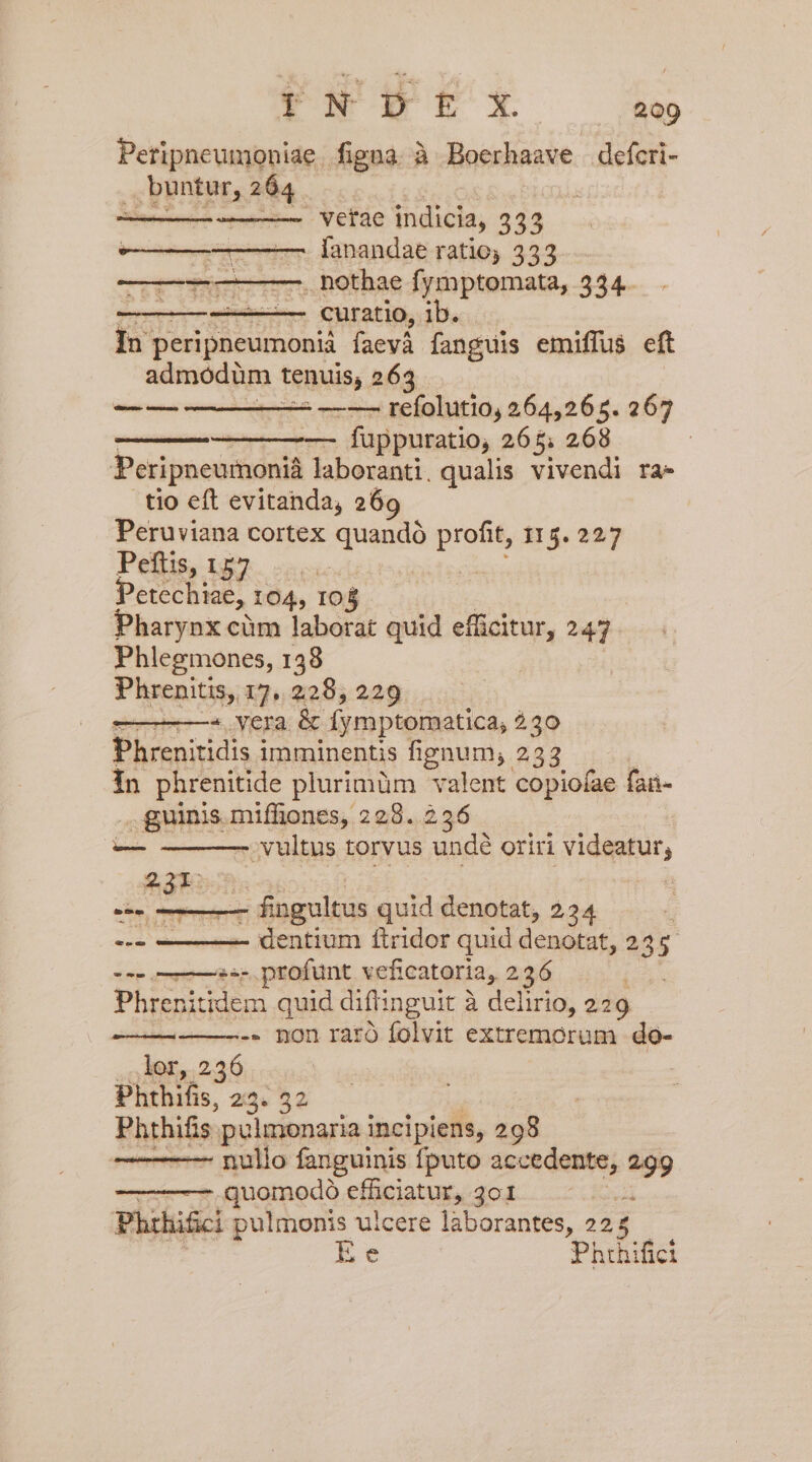 Peripneumoniae figna à Boerhaave defcri- , buntur, 264. vetae indicia, 333 7-7 lanandae ratio; 333 ————— —-. nothae fymptomata, 334. ——- curatio, ib. In: peripneumonià faevá fanguis emiffus eft admodum tenuis, 263 — —— refolutio, 264,265. 267 fuppuratio, 265; 268 Peripneumonià laboranti. qualis vivendi ra- tio eft evitanda, 26 Peruviana cortex quandó pront 115. 227 Pellis, 122. us Petechiae, 104, 103 Pharynx cüm laborat quid efficitur, 247 Phlegmones, 138 Phrenitis, 17. 228, 229 — * vera &amp; fymptomatica, 230 Phrenitidis imminentis fignum, 233 Ín phrenitide plurimüm valent copiofae fan- . guinis miffiones, 228.236 ;vultus torvus undé oriri VIGIURut, CerueRme emneemrcmcs 231 E ET fingultus quid denotat, 234 dentium ftridor quid denotat, 24 35 »s- profunt vef icatoria, 236 PIS quid diftinguit à delirio, 229 | -. non raró folvit extremorum do- lor, 236 | Phthifis, 23. 52 Phthifis pulmonaria incipiens, 298 - nulio fanguinis fputo accedente, 299 - quomodó efügiatug, 301 Phihi&amp;ci pulmonis ulcere laborantes, 22 H ht Phthifici P oe» cu