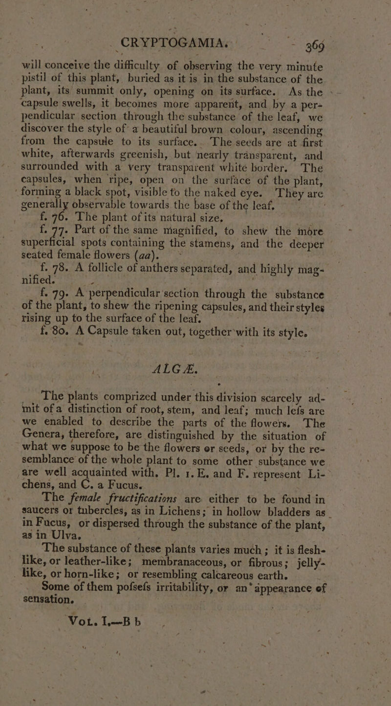 CRYPTOGAMIA:, .° - *: 969, will conceive the difficulty of observing the very minute pistil of this plant, buried as it is in the substance of the plant, its summit only, opening on its surface. As the - capsule swells, it becomes more apparent, and by a per- pendicular section through the substance of the leaf, we discover the style of a beautiful brown colour, ascending from the capsule to its surface. The seeds are at first white, afterwards greenish, but nearly transparent, and surrounded with a very transparent white border. The capsules, when ripe, open on the surface of the plant, Rake: a black spot, visible to the naked eye. They are generally observable towards the base of the leaf, f. 76. The plant of its natural size. ST | f, di: Part of the same magnified, to shew the more superficial spots containing the stamens, and the deeper seated female flowers (aa). 3 i f. 78. A follicle of anthers separated, and highly mag- nified. x oe: f. 79. A perpendicular ‘section through the substance of the plant, to shew the ripening capsules, and their styles rising up to the surface of the leaf. | f. 80. A Capsule taken out, together with its style. ; ALG. _. The plants comprized under this division scarcely ad- mit of a distinction of root, stem, and leaf; much lefs are we enabled to describe the parts of the flowers. The Genera, therefore, are distinguished by the situation of what we suppose to be the flowers er seeds, or by the re-= semblance of the whole plant to some other substance we are well acquainted with, Pl. 1.E, and F. represent Li- chens, and C, a Fucus. : pays The female fructifications are either to be found in saucers or tubercles, as in Lichens; in hollow bladders as_ in Fucus, or dispersed through the substance of the plant, as in Ulva. Dee en oe 3 : The substance of these plants varies much ; it is flesh- like, or leather-like; membranaceous, or fibrous; jelly- _ like, or horn-like; or resembling calcareous earth. , Some of them pofsefs irritability, or an‘ appearance of sensation. _ |