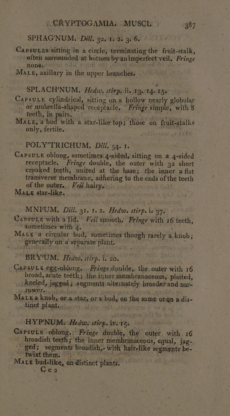 SPHAG’NUM, Dill. 92.1. 2) 3.6. Capsuresisitting in a circle, terminating the fruit-stalk, often surrounded ‘at bottom by an imperfect veil. Fringe none. SHALE SOPESEL SAE og AES VOR ARR ELUE CORED ROT Mace, axillary in the upper branches. SPLACH'NUM. Hedw, stirpoiis 19.14.15: Capsuce Cylindrical, sitting on,a hollow nearly globular ,, or umbrella-shaped ‘receptacle. ' Fringe simple, with 8. MALE, a bud with a star-like top; those on fruit-stalks — only, fertile. ne Dh | POLY’TRICHUM. Dill. 54. 1. CapsuLe oblong, sometimes) 4-sided, sitting on a 4-sided — receptacle. Fringe double, the outer with 932 short crooked teeth, united at the base;. the inner a flat transverse membrane, adhering to the.ends of the teeth - of the outer... Vegl hairy.) ; Maxe star-like. riod Aust MNI'UM, Dill. 31. 1.2. Hedw. stirp. ie 37. _Capsure with 4 lid.’ Veil smooth. Fringe with 16 teeth, “*Romemraes With te of et : Mace ‘a circular bud, sometimes though rarely a. knob; generally on'a separate plane: oye ey | ; BRY'UM. Hedustirp. i 20. a, _CapsuLe egg-oblong. . Fringe double,. the, outer with 16 broad, acute teeth ; the inner membranaceous, plaited, wolKeeled, jagged; segments alternately broader and nar- Matra knob, or,a star, or a|bud, on the same ongn a dis- tinet plant. |, livia. at. ’ i HYP'NUMy:Hedwistirpoivotss Capsuce oblong.: Fringe double, the outer, with 16 _broadish teeth ; ‘the inner membranaceous, equal, jag- ged; segments’ broadish,- with hair-like segments be- _ Mh Efised the: AG Ado: baller: bag : | Mate bud-like, on distinct plants. Cc2. :