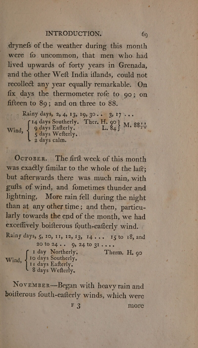 drynefs of the weather during this month were fo uncommon, that men who. had lived upwards of forty years in Grenada, and the other Weft India iflands, could not recollect any year equally remarkable. On fix days the thermometer rofe to go; on fifteen to 89; and on three to 88. : Rainy days, yA, 1 33) TBO MIT 17 0g ee. rT Ba} Me 8835 5 days Wefterly. : 2 days calm. Ocroser. ‘The firft week of this month was exactly fimilar to the whole of the laft; but afterwards there was much rain, with gufts of wind, and fometimes thunder and lightning, More rain fell during the night than at any other time; and then, particu- Jarly towards the end of the month, we had exceflively boifterous fouth-eafterly wind. Rainy days, 5, 10, 11, 12,13, 14... 15 to 18, and 2010 24... 9, 24 tO 31...6. ff iday Northerly, Therm. H. go Wa le days Southerly, * | 11 days Eafterly. 8 days Wefterly. Novemser—Began with heavy rain and boifterous fouth-eatterly winds, which were F 3 more