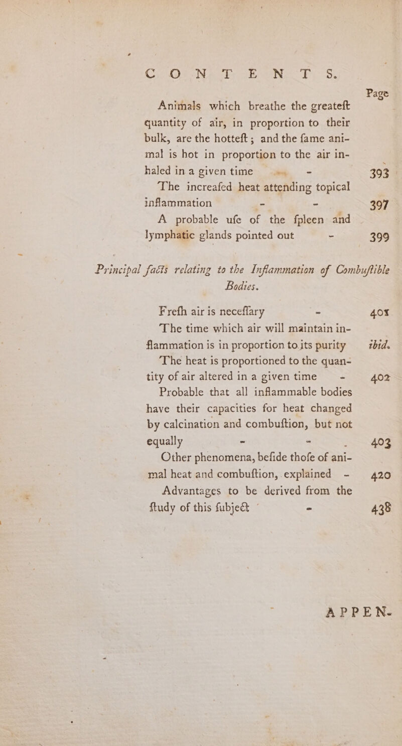 a5 OE Na ht aN 8 Page Animals which breathe the greateft quantity of air, in proportion to their bulk, are the hotteft; and the fame ani- mal is hot in proportion to the air in- haledinagiventime . = 393 | The increafed heat attending topical inflammation - - 307 A probable ufe of the fpleen and lymphatic glands pointed out - 399 Principal facts relating to the Inflammation of Combuftible Bodies. Frefh air is neceflary - 40x The time which air will maintain in- flammation is in proportion tojts purity bid. The heat is proportioned to the quan- tity of air altered ina giventime = - A402 Probable that all inflammable bodies have their capacities for heat changed by calcination and combuftion, but not equally ~ - ie Other phenomena, befide thofe of ani- mal heat and combuftion, explained - 420 Advantages to be derived from the ftudy of this fubject ° 438 APPEN.