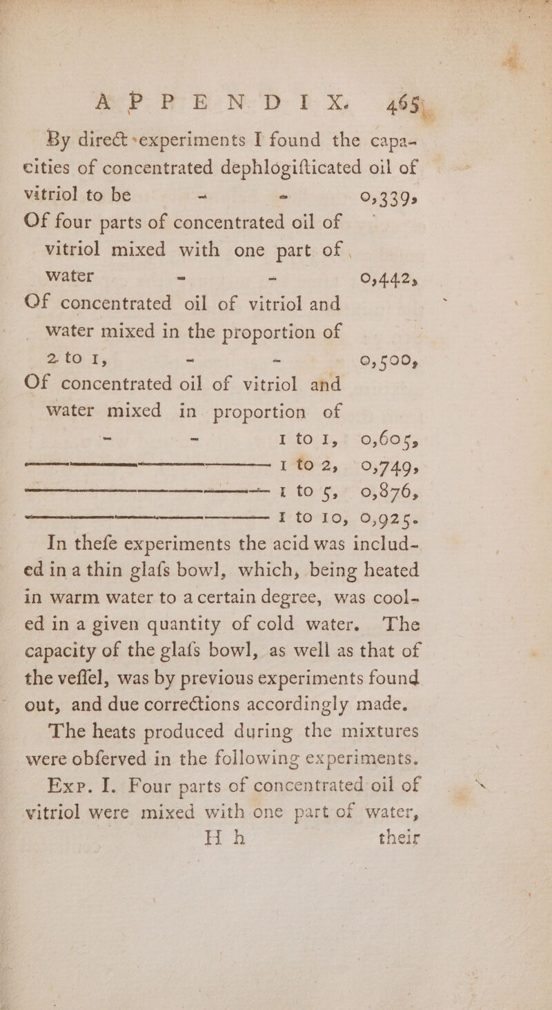 By direct experiments I found the capa- cities of concentrated dephlogifticated oil of vitriol to be - ° 053395 Of four parts of concentrated oil of vitriol mixed with one part. of , water - id i 0,442, Of concentrated oil of vitriol and water mixed in the proportion of 2/{o I, - - 0,500, Of concentrated oil of vitriol and water mixed in proportion of , - 2 Ifoch, 70,000, 1O2, 057495 —— rms T 10'S, * 0,970, I tO 10, 0,925. In thefe experiments the acid was includ- ed ina thin glafs bowl, which, being heated in warm water to acertain degree, was cool- ed in a given quantity of cold water. The capacity of the glafs bowl, as well as that of out, and due corrections accordingly made. The heats produced during the mixtures were obferved in the following experiments. Exp. I. Four parts of concentrated oil of vitriol were mixed with one part of water, _ Hh their